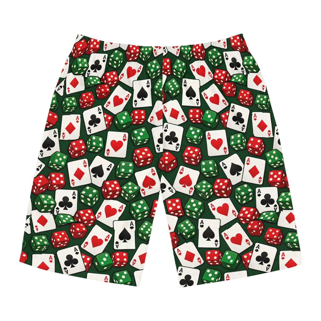 Casino Dice & Cards Board Shorts — Men's Poker Pattern Swim Trunks