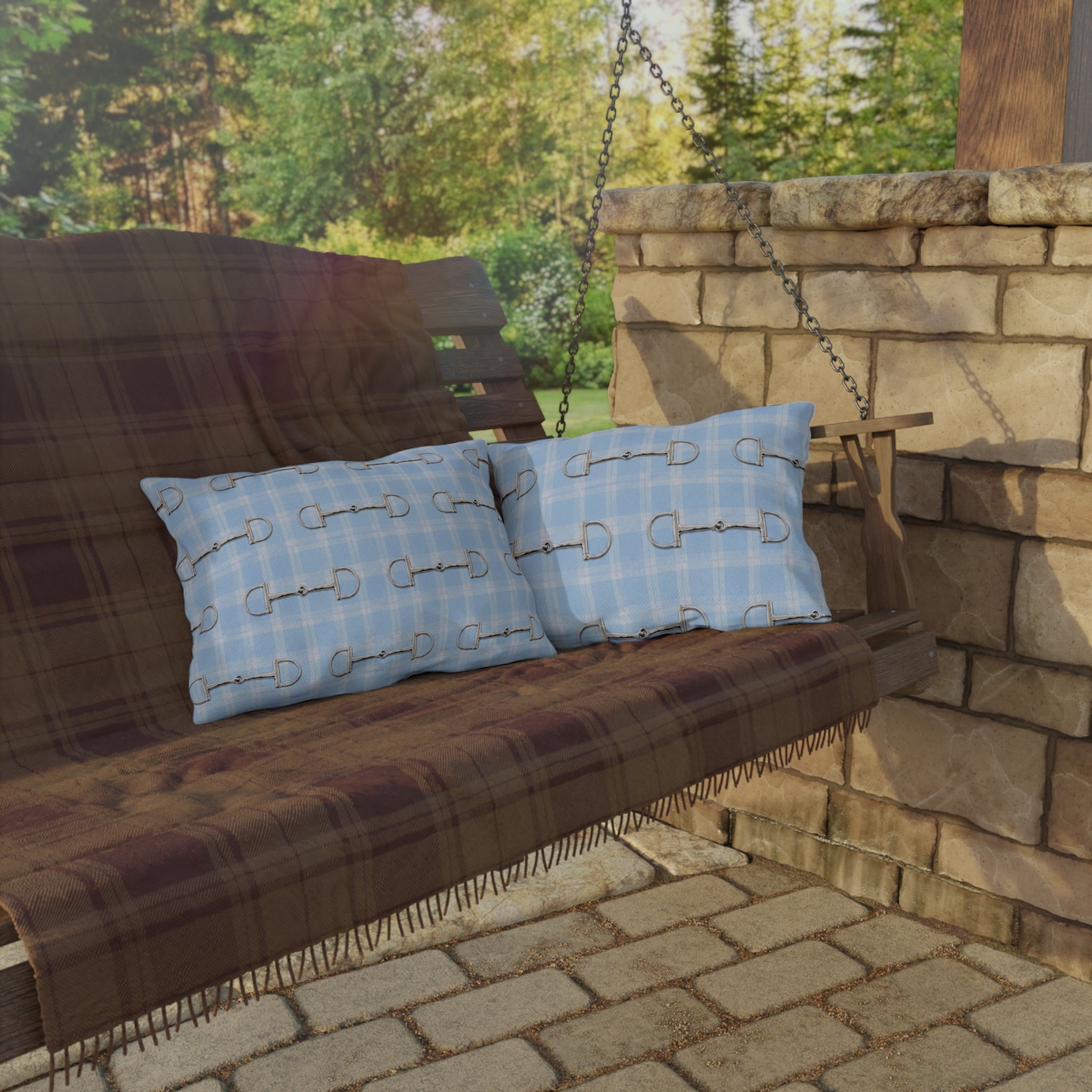 Baby Blue Plaid Horse Bit Outdoor Pillow