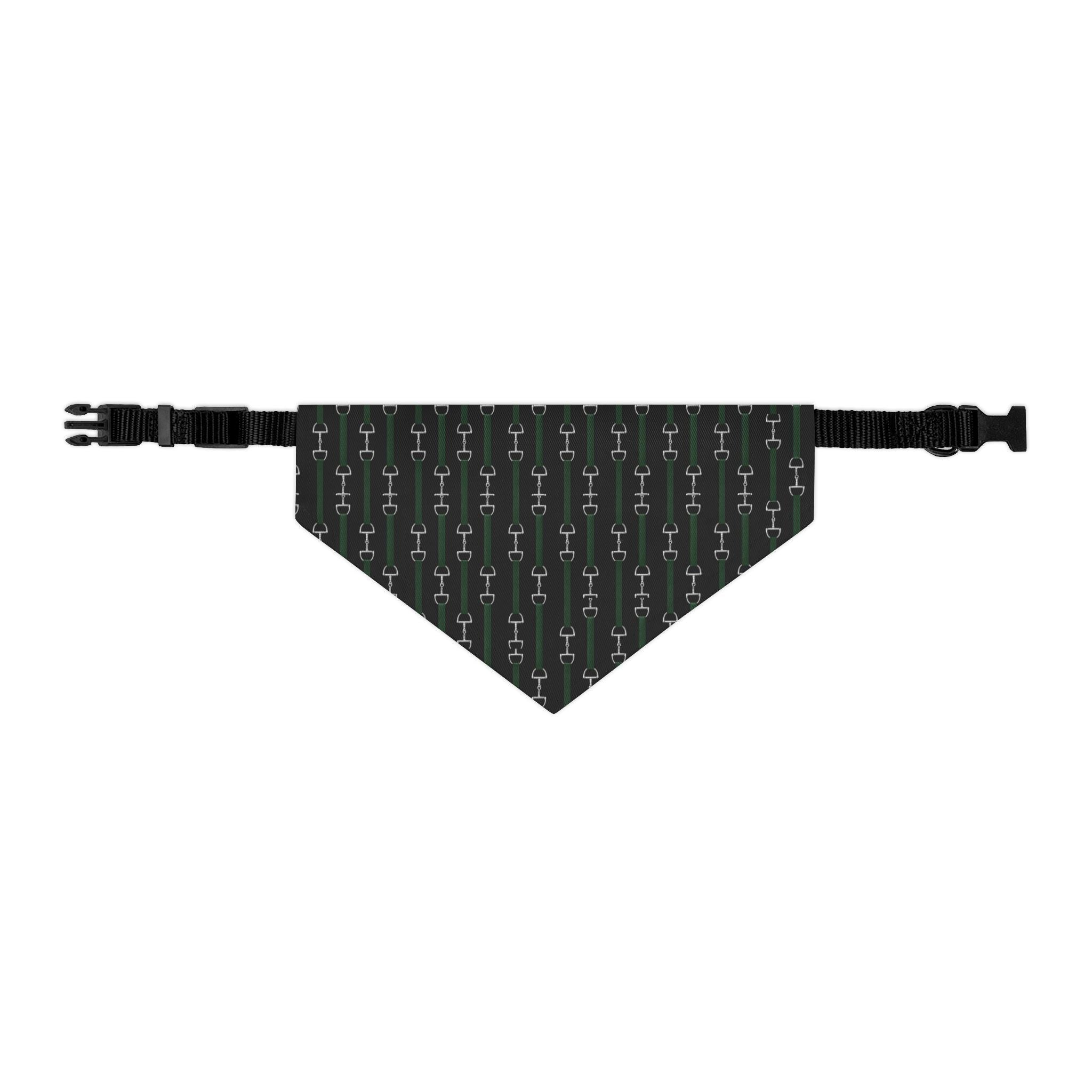 Pet Bandana Collar — Hunter Green Webbed Look Straps With Silver Horsebit Motif Pattern Dog Bandana Collar