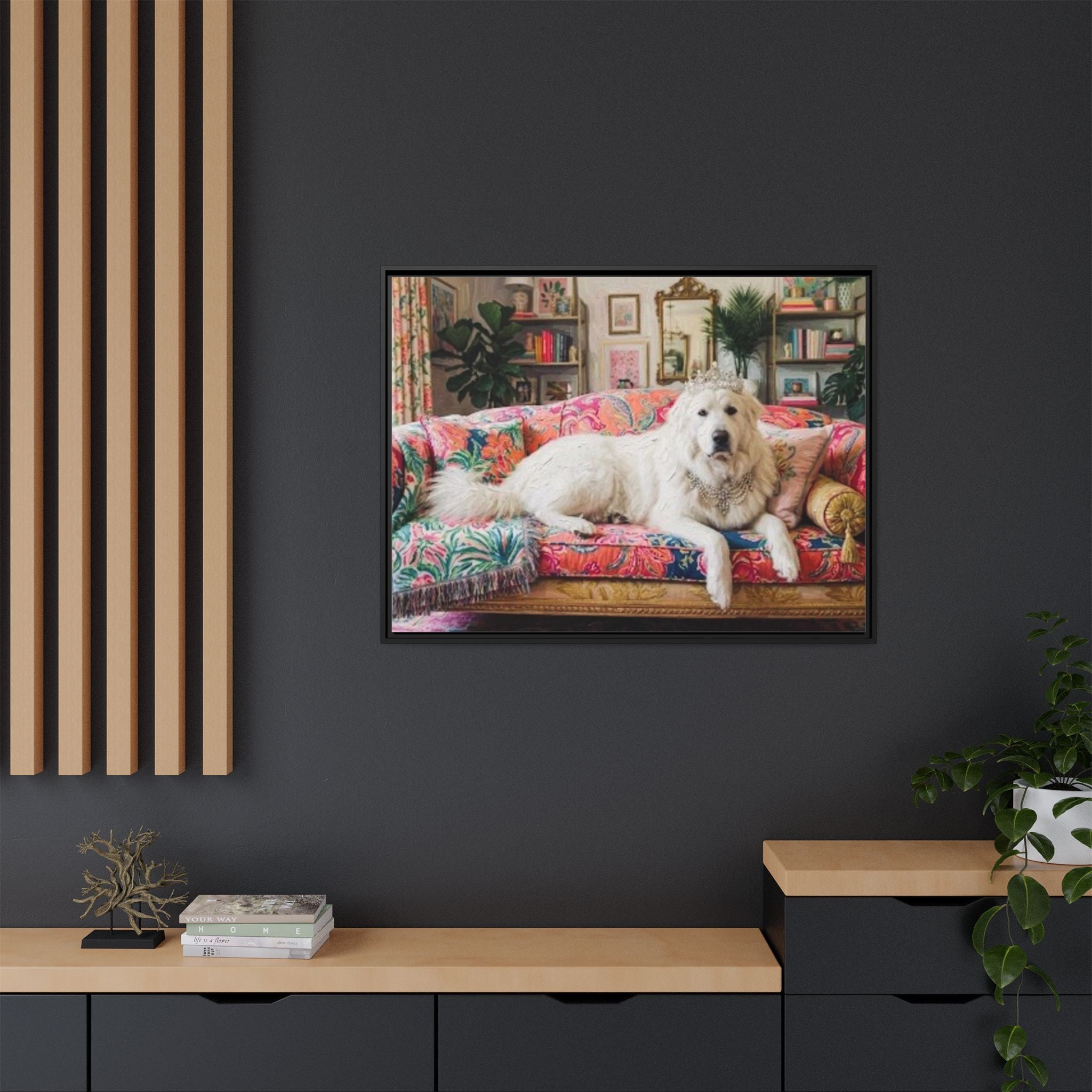 Framed Matte Canvas Regal Great Pyrenees presented in a whimsical lounge