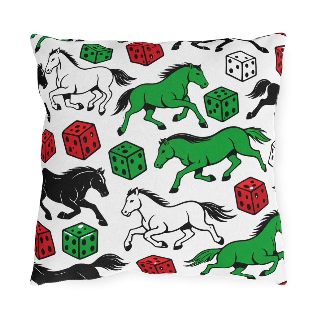 Horse and Dice Outdoor Pillow  Green Black and White Patterned Accent pillow for Patio