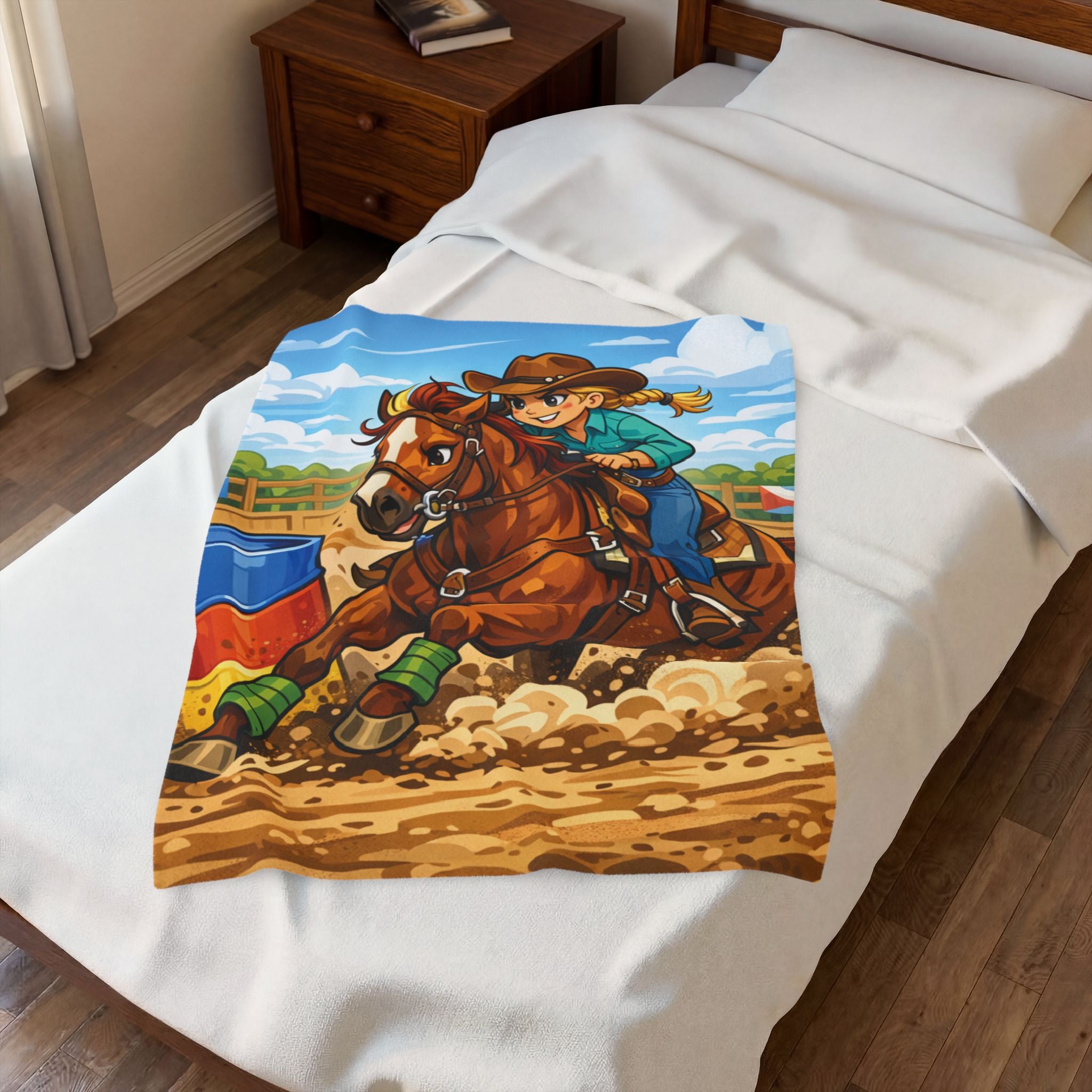 Cartoon Barrel Racing Horse Velveteen Plush Blanket — Rodeo Cow Girl Throw
