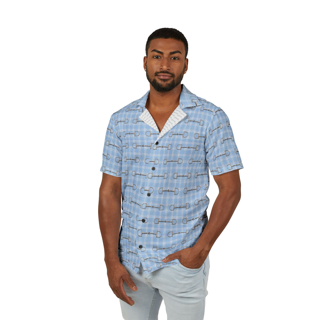 Men's Light Blue Hawaiian Camp Shirt — Horse Bit Pattern Button Down  Shirt