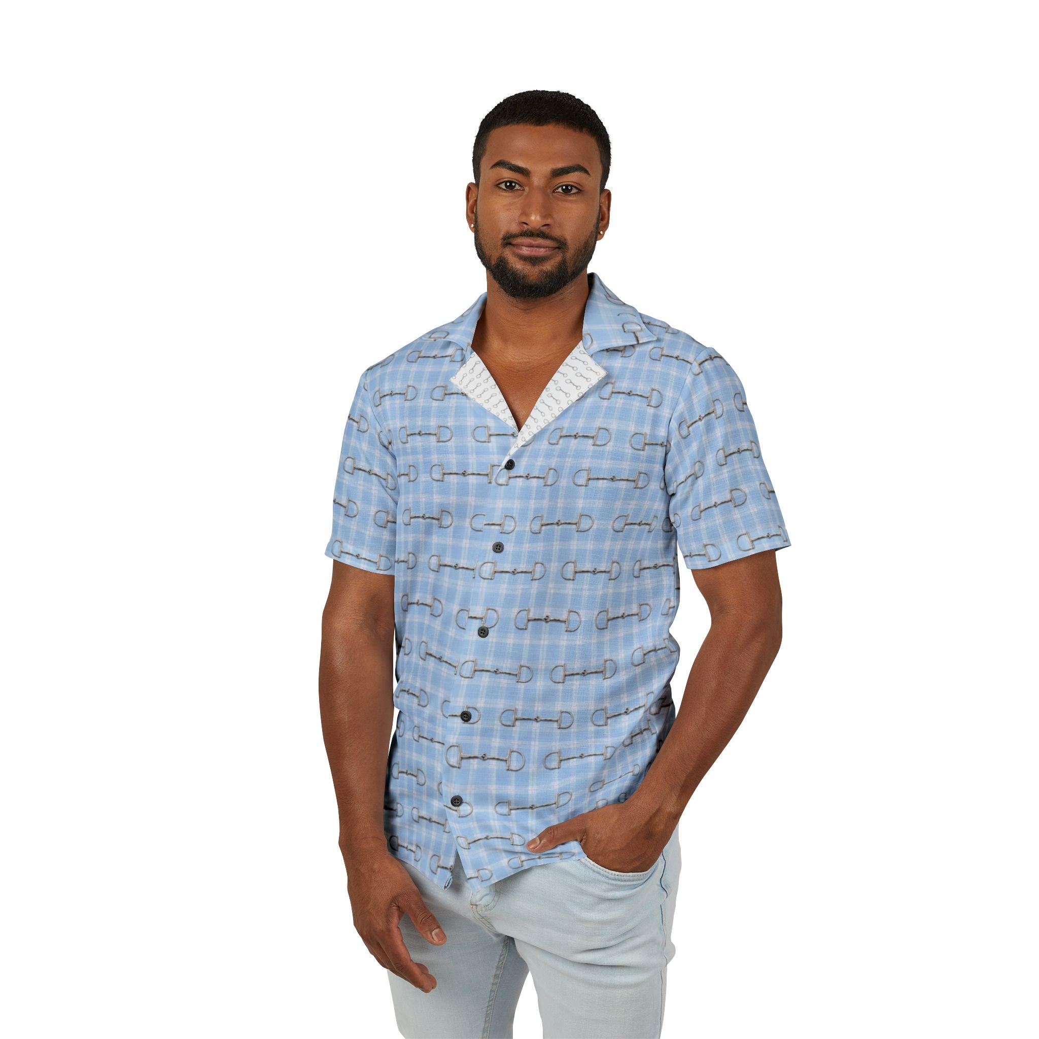 Men's Light Blue Hawaiian Camp Shirt — Horse Bit Pattern Button Down  Shirt