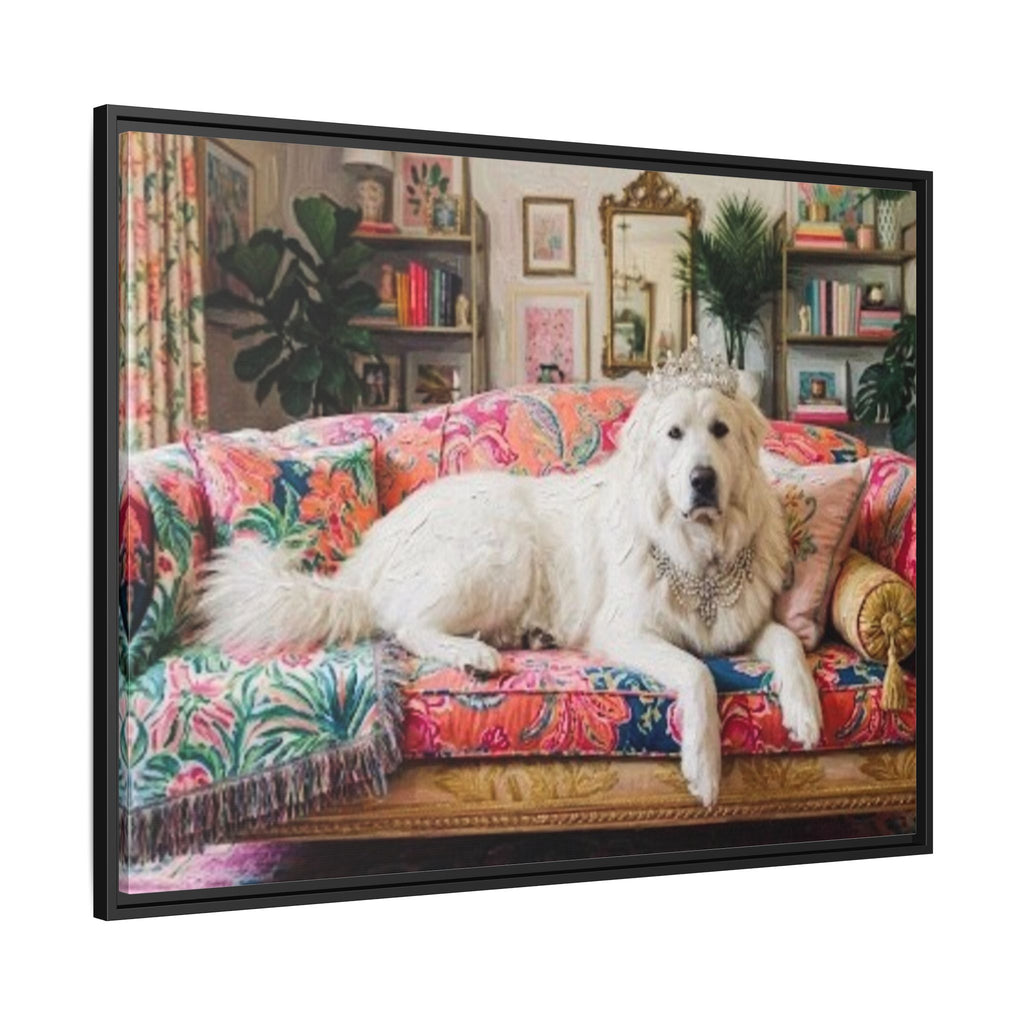 Framed Matte Canvas Regal Great Pyrenees presented in a whimsical lounge