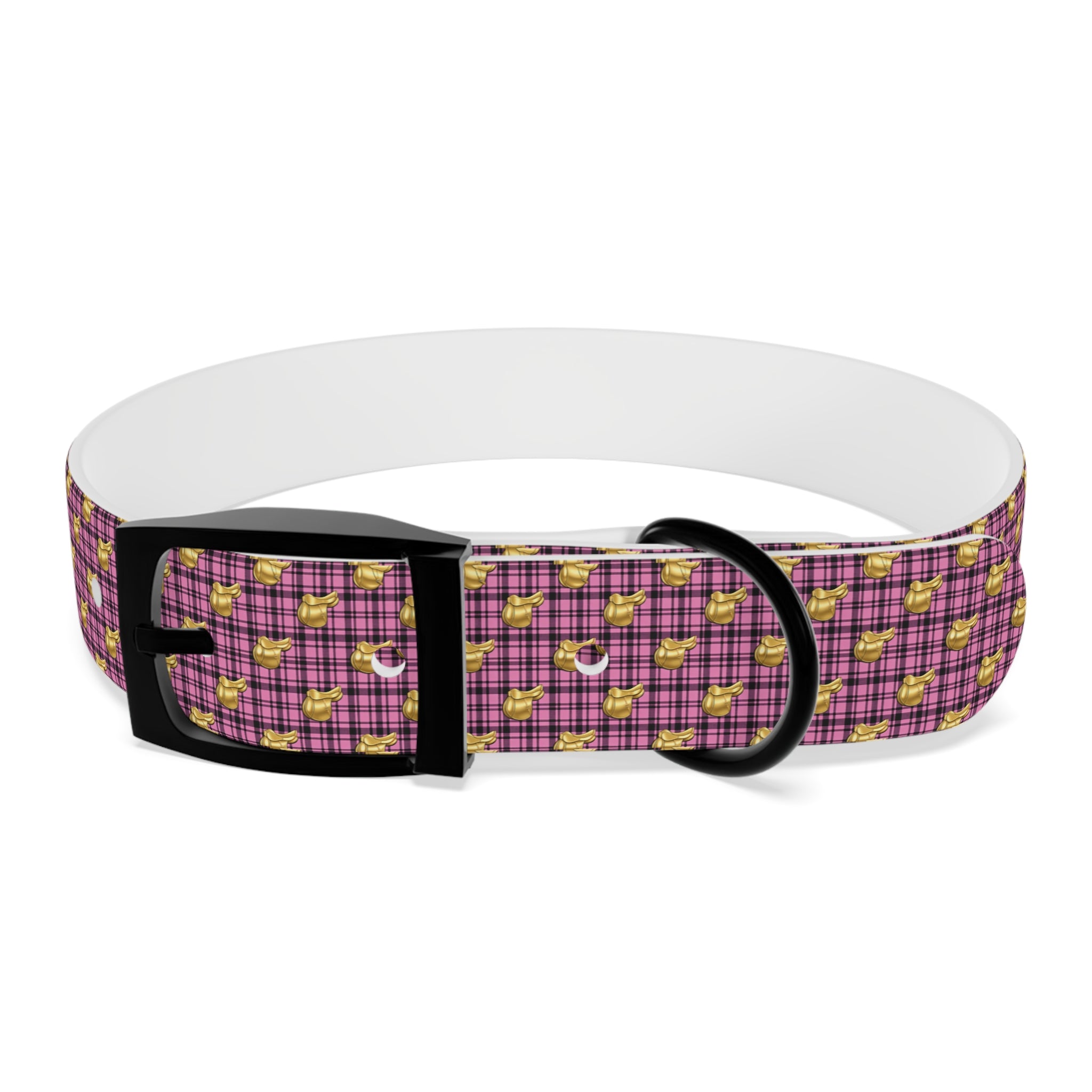 Pink Plaid Dog Collar with Tiny Gold Saddle Pattern