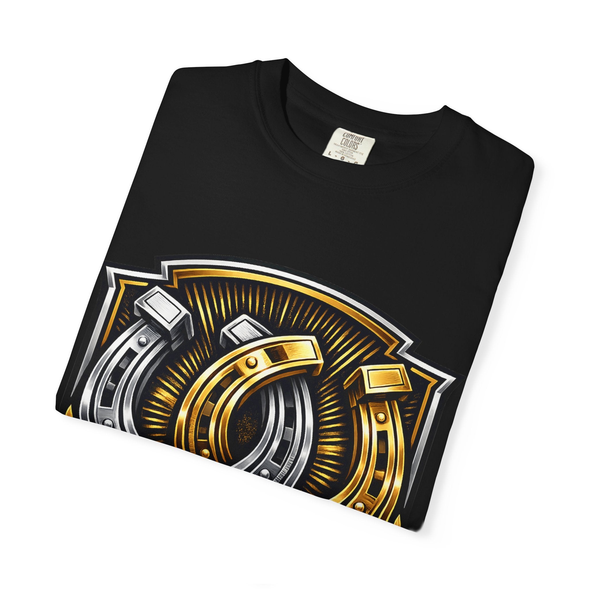 Horseshoe Crest T-Shirt — Lucky Gold & Silver Horseshoes Shield Design