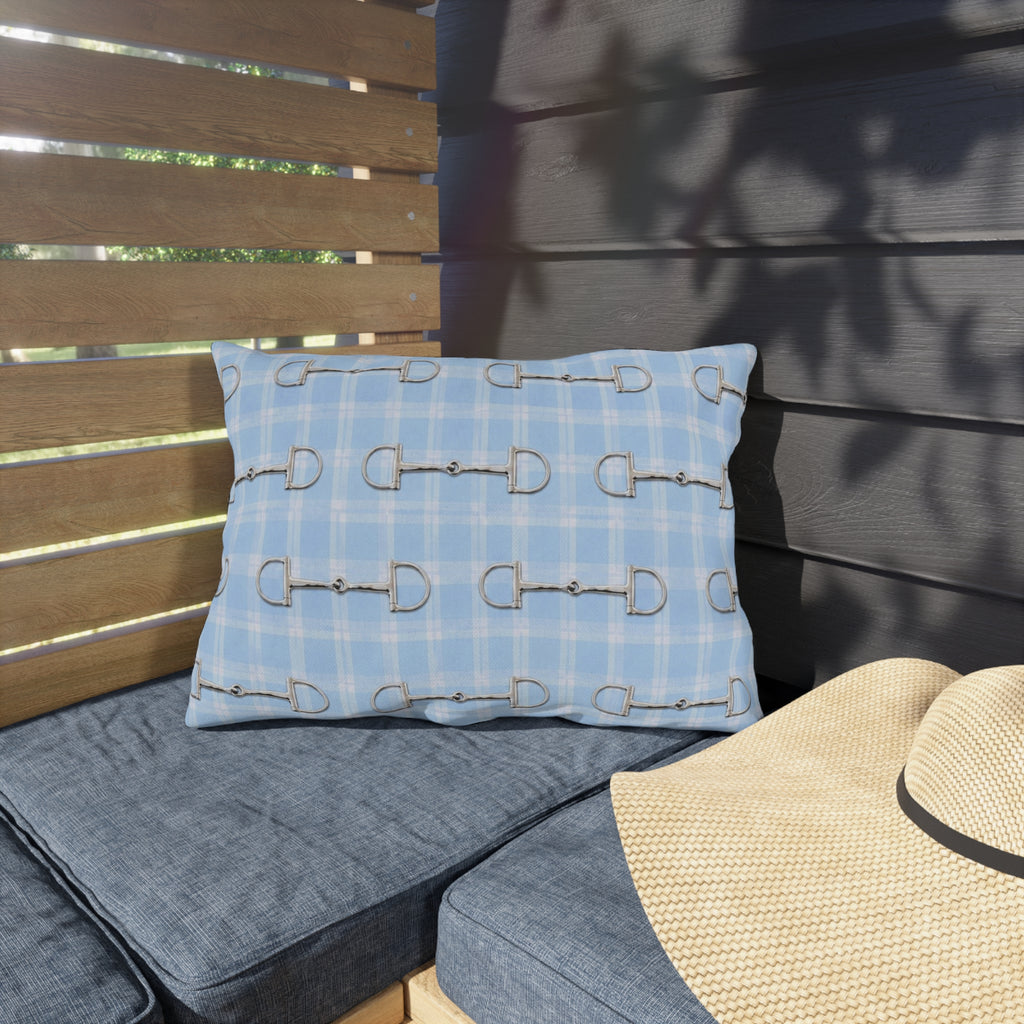 Baby Blue Plaid Horse Bit Outdoor Pillow