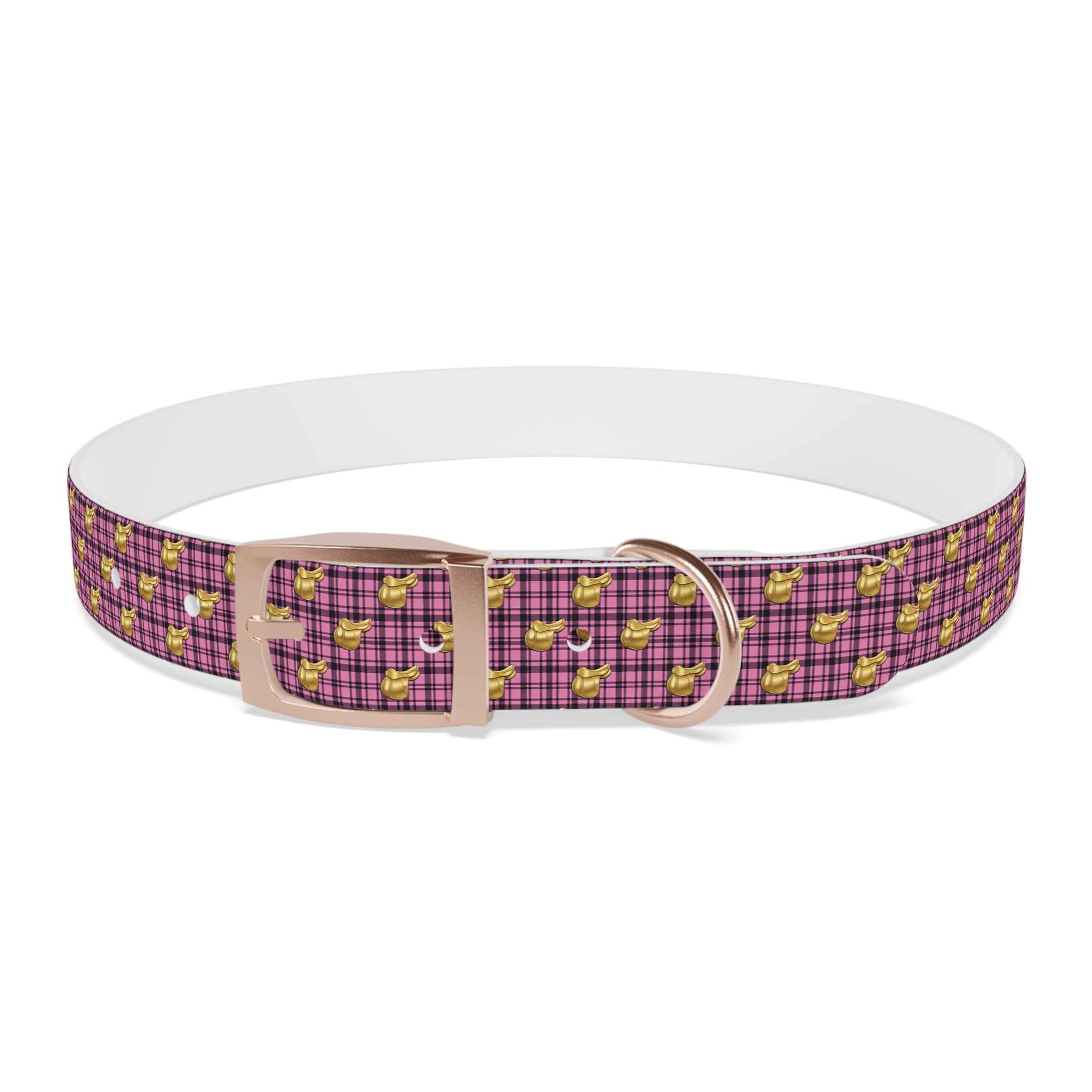 Pink Plaid Dog Collar with Tiny Gold Saddle Pattern