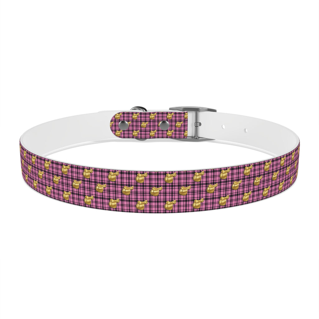 Pink Plaid Dog Collar with Tiny Gold Saddle Pattern