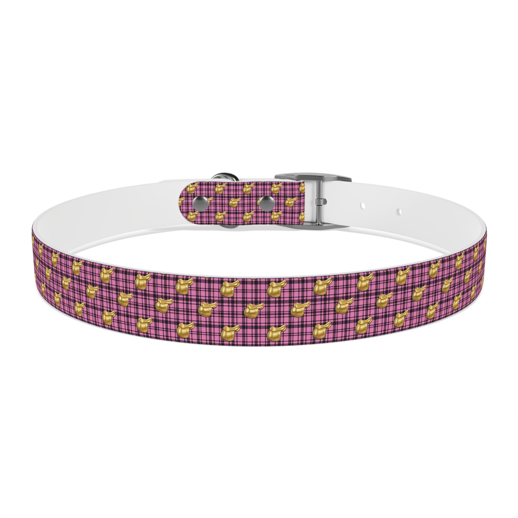 Pink Plaid Dog Collar with Tiny Gold Saddle Pattern