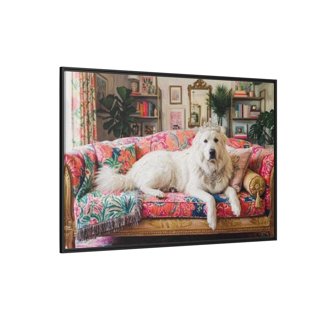Framed Matte Canvas Regal Great Pyrenees presented in a whimsical lounge