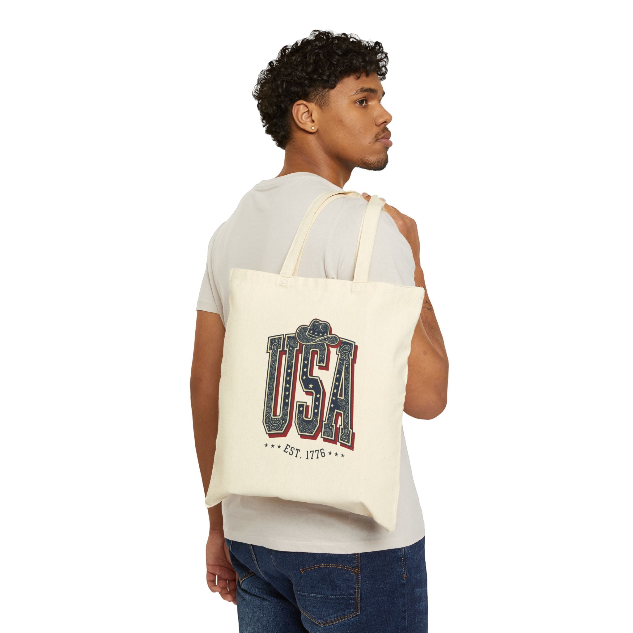 Vintage USA Typography Tote | 4th of July Americana, Stars & Denim Palette