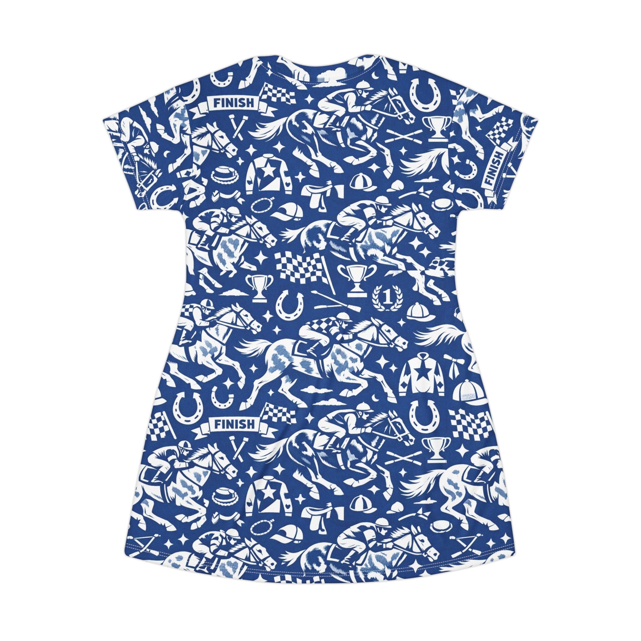 Equestrian horse racing Pattern T‑Shirt Dress — Blue Horse Racing Print