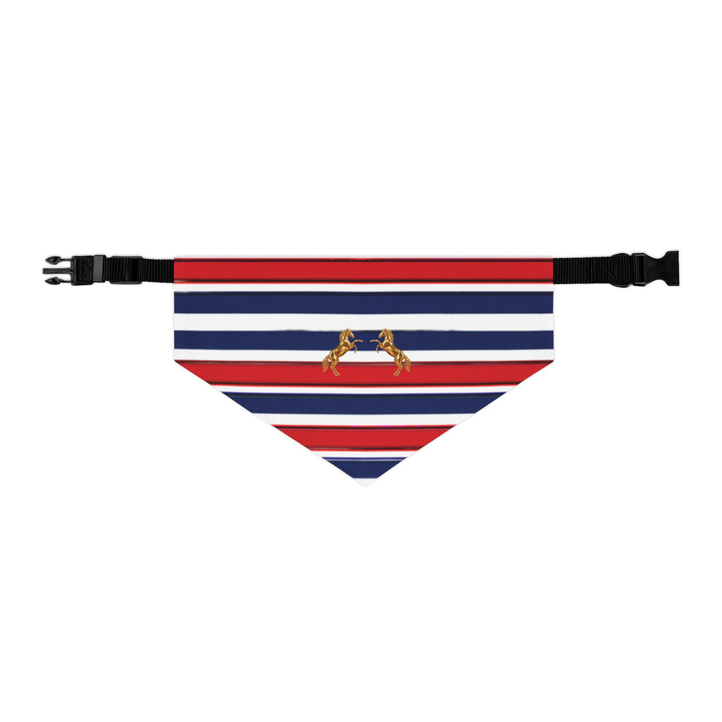 Striped Dog Bandana Collar with Gold Rearing Horses Motif — Nautical Red, White & Blue Pet Accessory