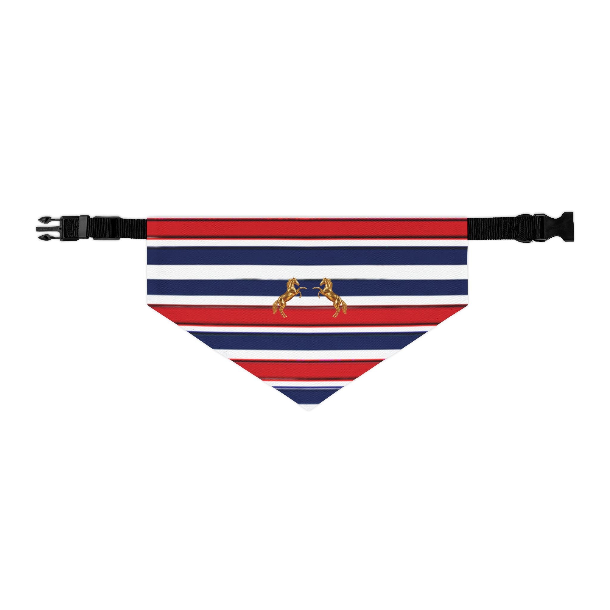 Striped Dog Bandana Collar with Gold Rearing Horses Motif — Nautical Red, White & Blue Pet Accessory