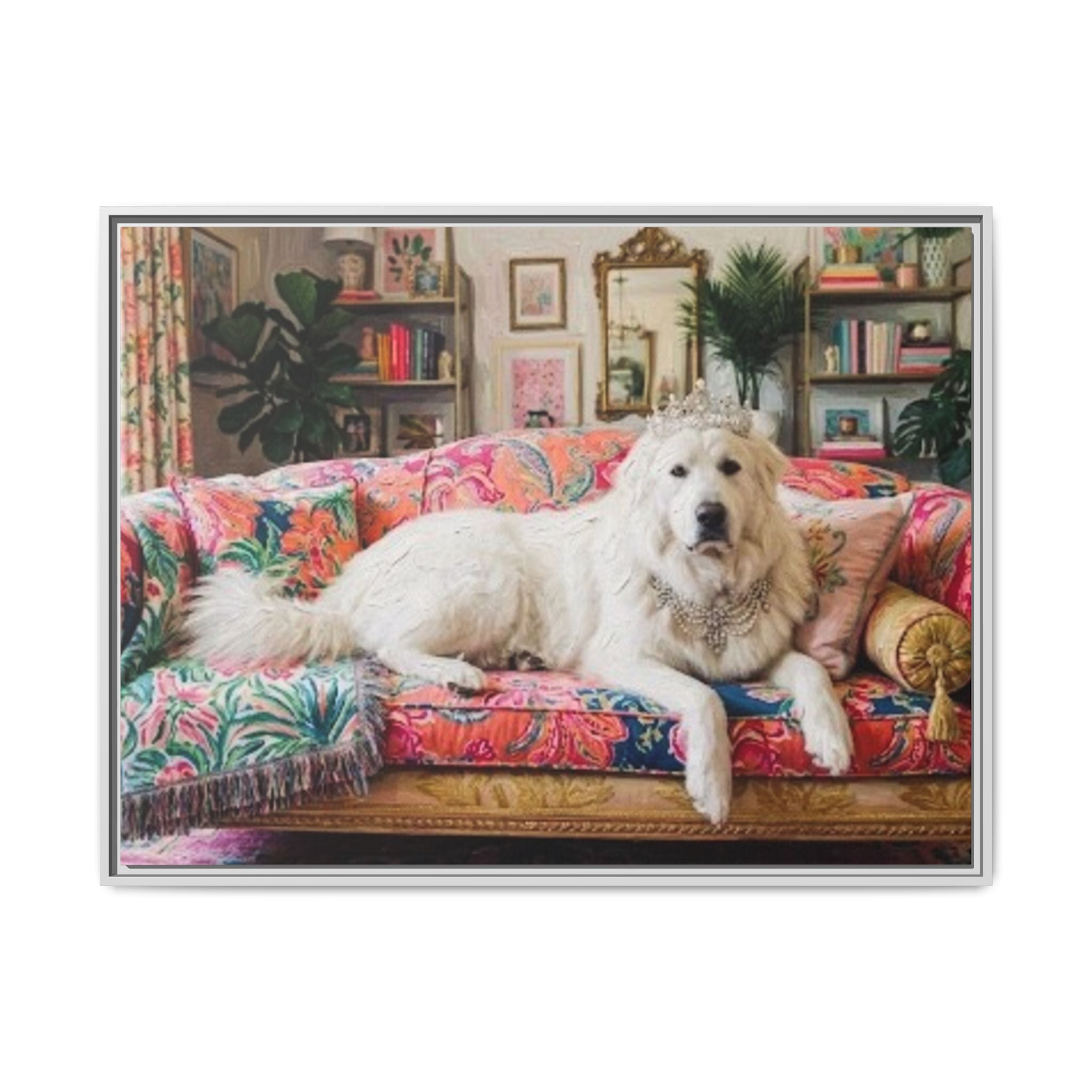 Framed Matte Canvas Regal Great Pyrenees presented in a whimsical lounge