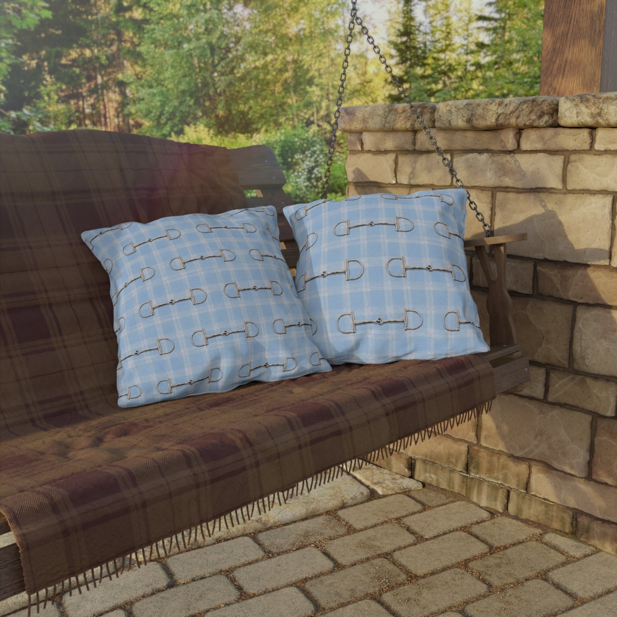 Baby Blue Plaid Horse Bit Outdoor Pillow