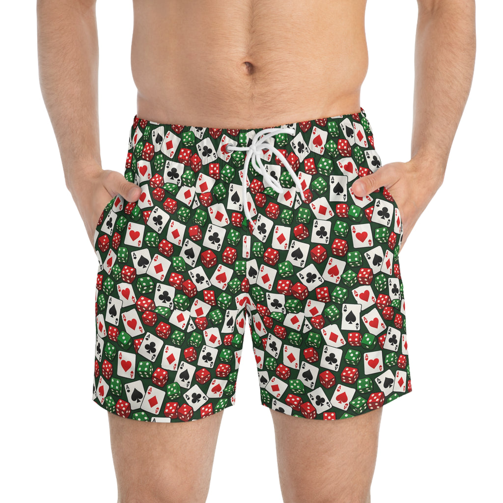 Casino Poker Dice Pattern Swim Trunks — Aces Cards and Dice All Over Print