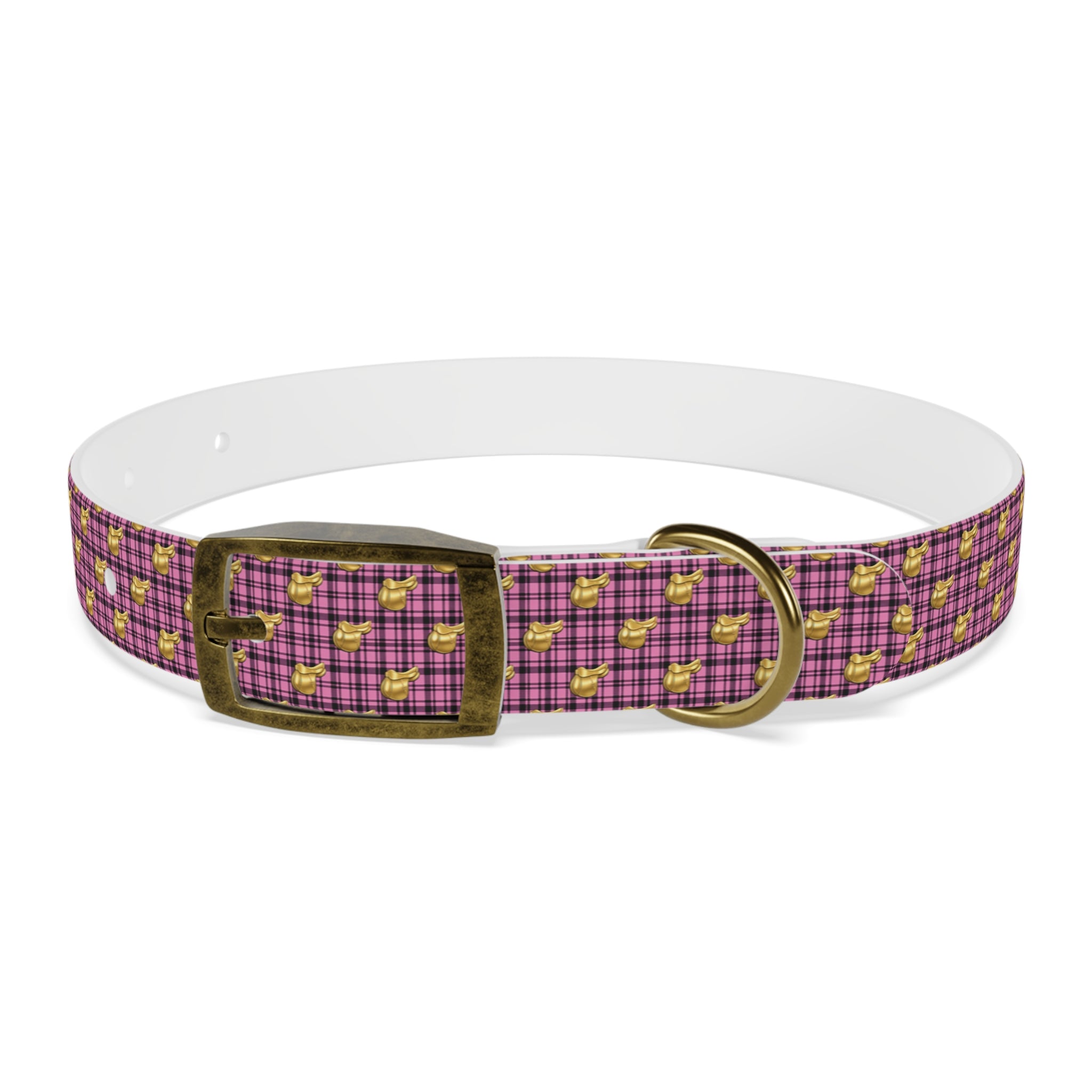 Pink Plaid Dog Collar with Tiny Gold Saddle Pattern