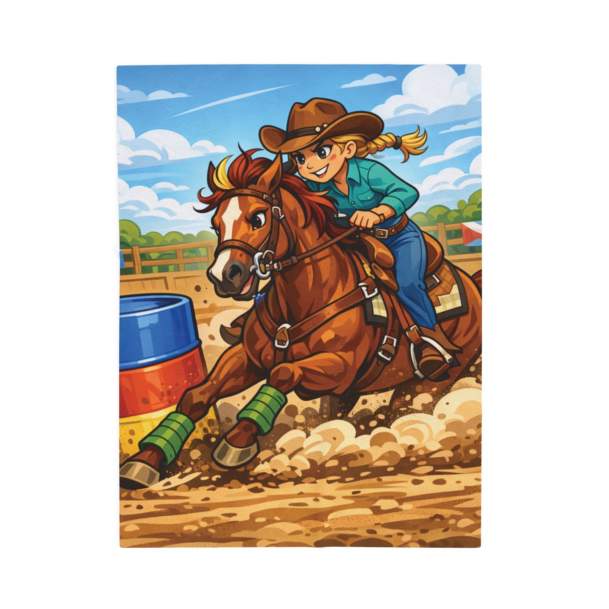 Cartoon Barrel Racing Horse Velveteen Plush Blanket — Rodeo Cow Girl Throw