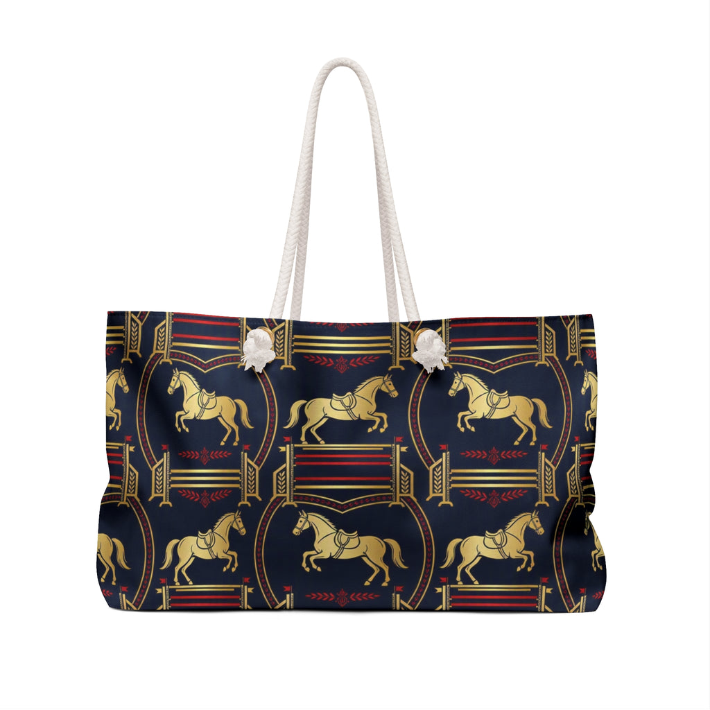 Equestrian Vintage Navy Weekender Bag — Gold Horse Pattern Travel Tote