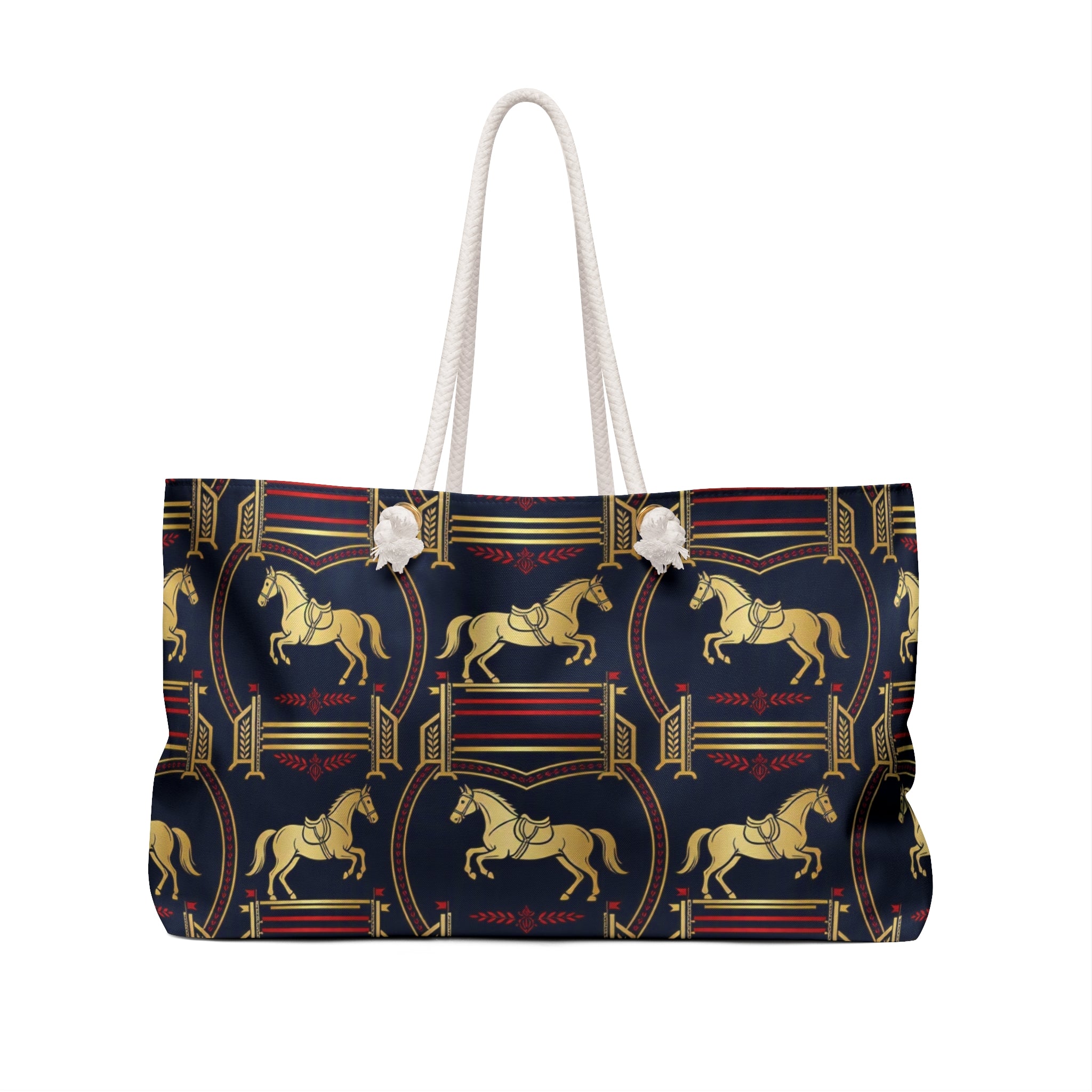 Equestrian Vintage Navy Weekender Bag — Gold Horse Pattern Travel Tote