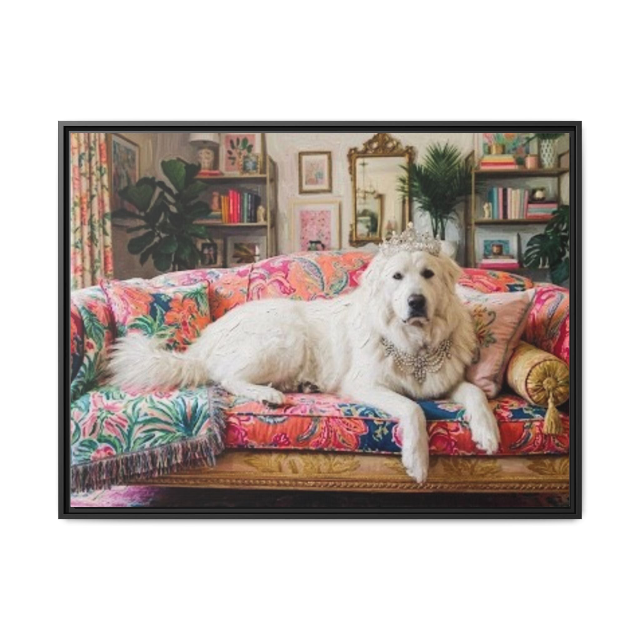 Framed Matte Canvas Regal Great Pyrenees presented in a whimsical lounge