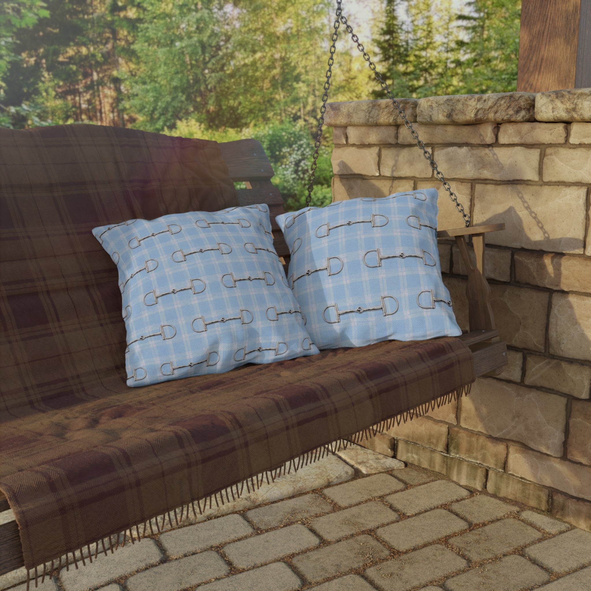 Baby Blue Plaid Horse Bit Outdoor Pillow