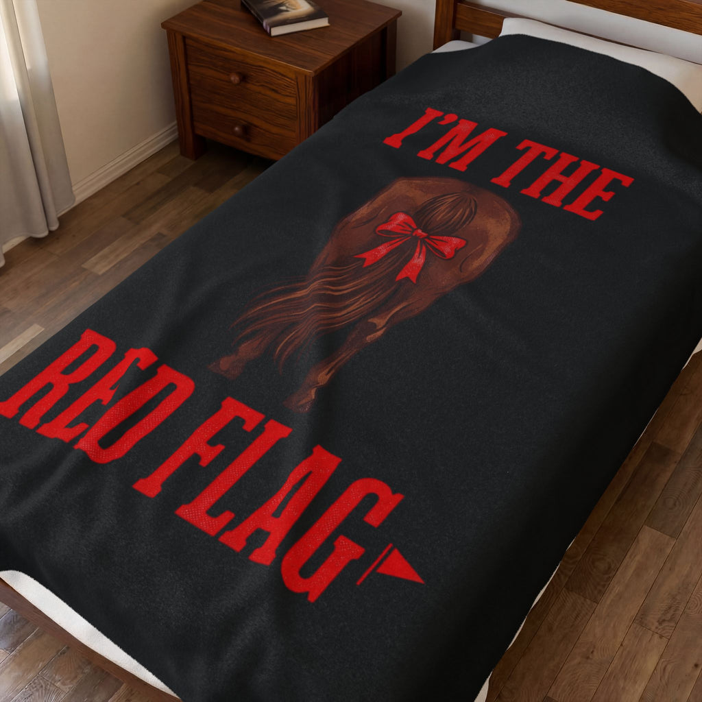 Velveteen Plush Blanket — "I'm the Red Flag" Horse with red tail ribbon Cozy Throw for Bachelorette, Galentine & Funny Gift