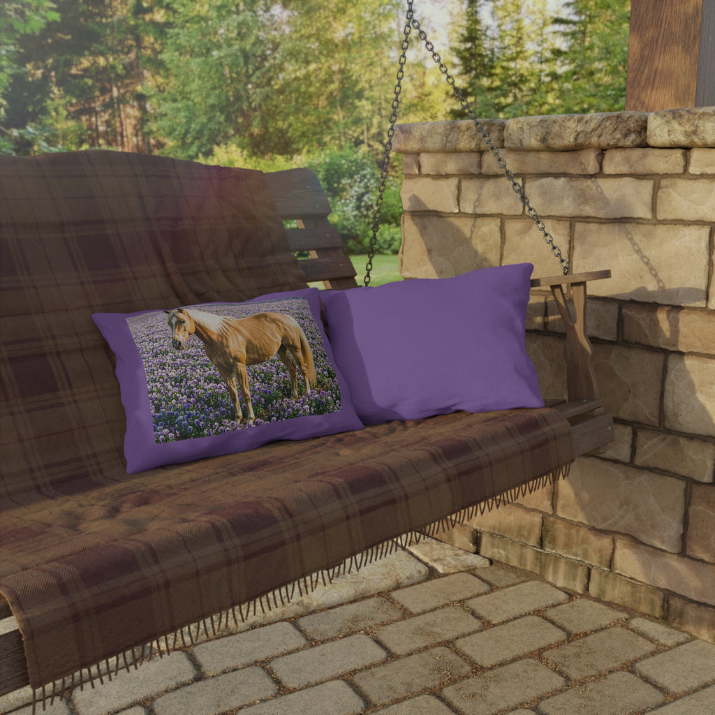 Horse in Lavender Field Outdoor Pillow  Floral Farmhouse Patio Decor