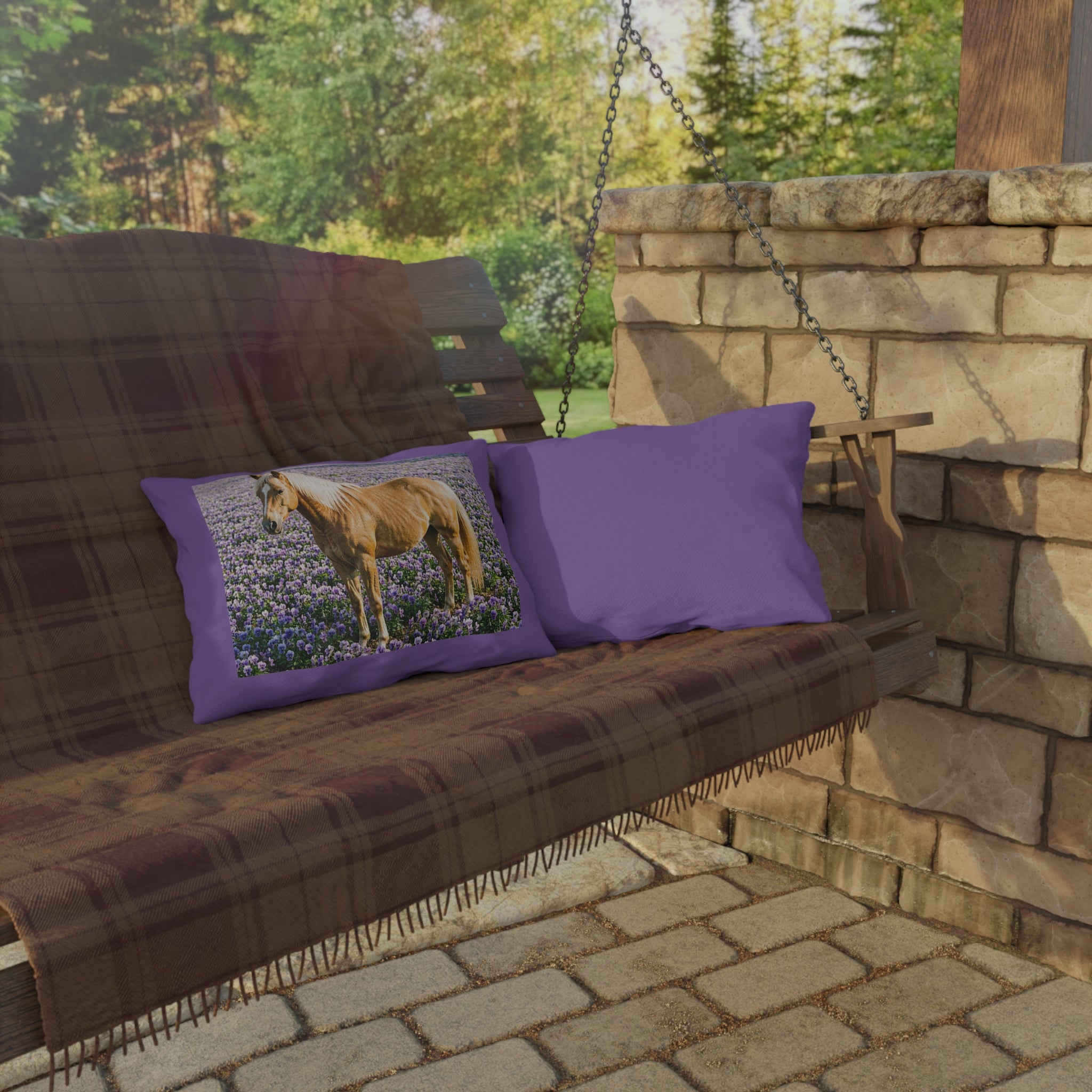 Horse in Lavender Field Outdoor Pillow  Floral Farmhouse Patio Decor