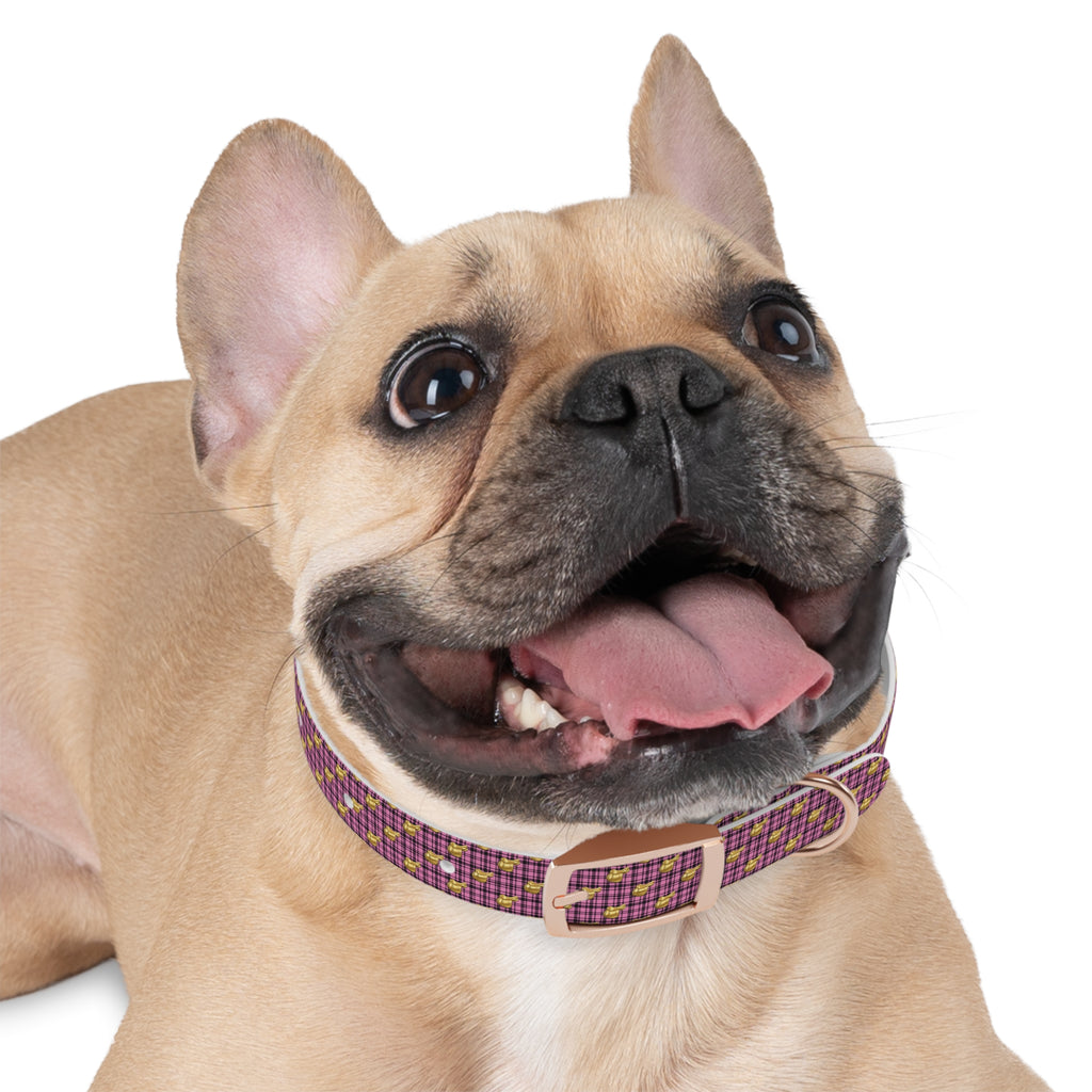 Pink Plaid Dog Collar with Tiny Gold Saddle Pattern