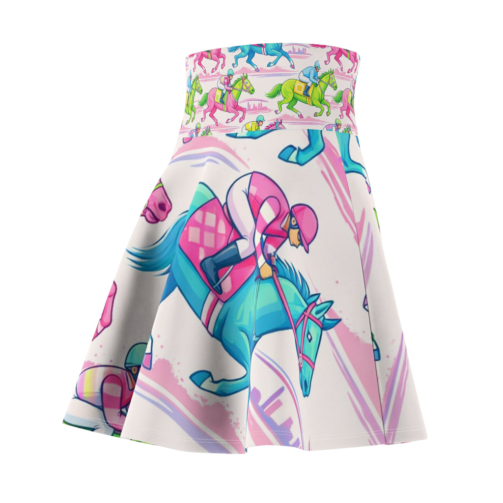 Colorful race horse Horse Skater Skirt — Pink & Teal Equestrian Print
