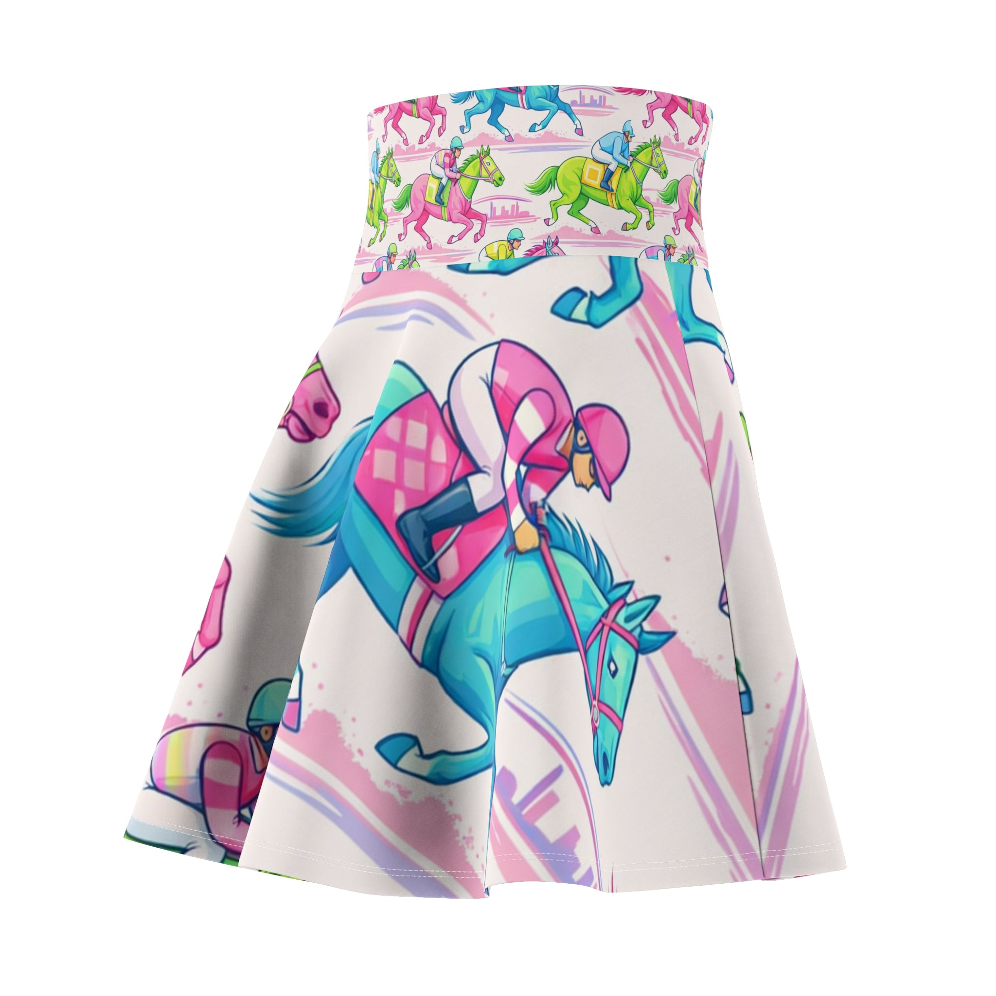 Colorful race horse Horse Skater Skirt — Pink & Teal Equestrian Print