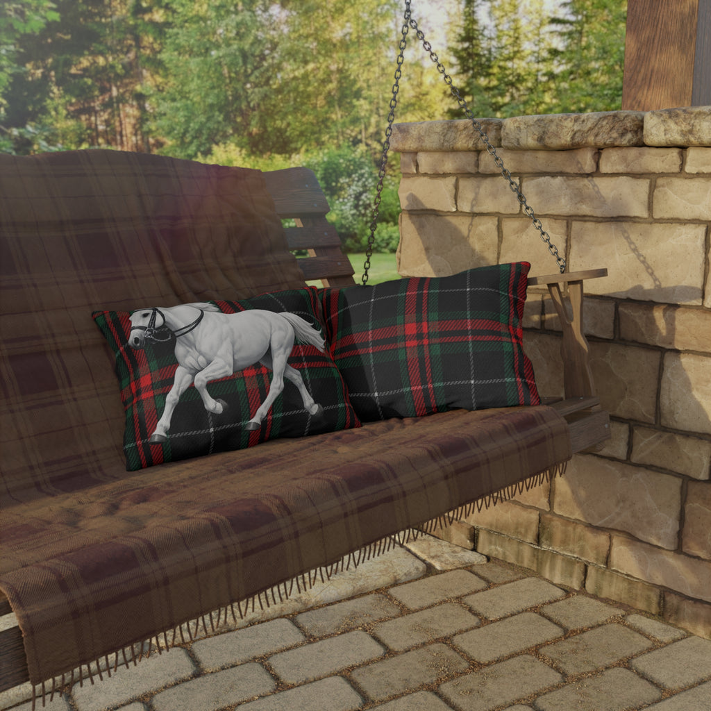 White Horse Plaid Outdoor Pillow  Red and Green Tartan Farmhouse Decor