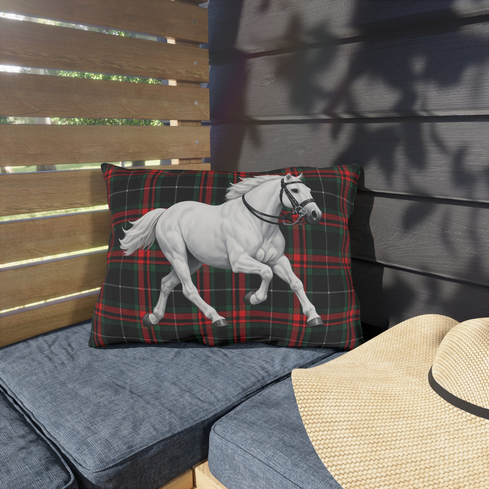 White Horse on Red and Black Tartan Outdoor Pillow