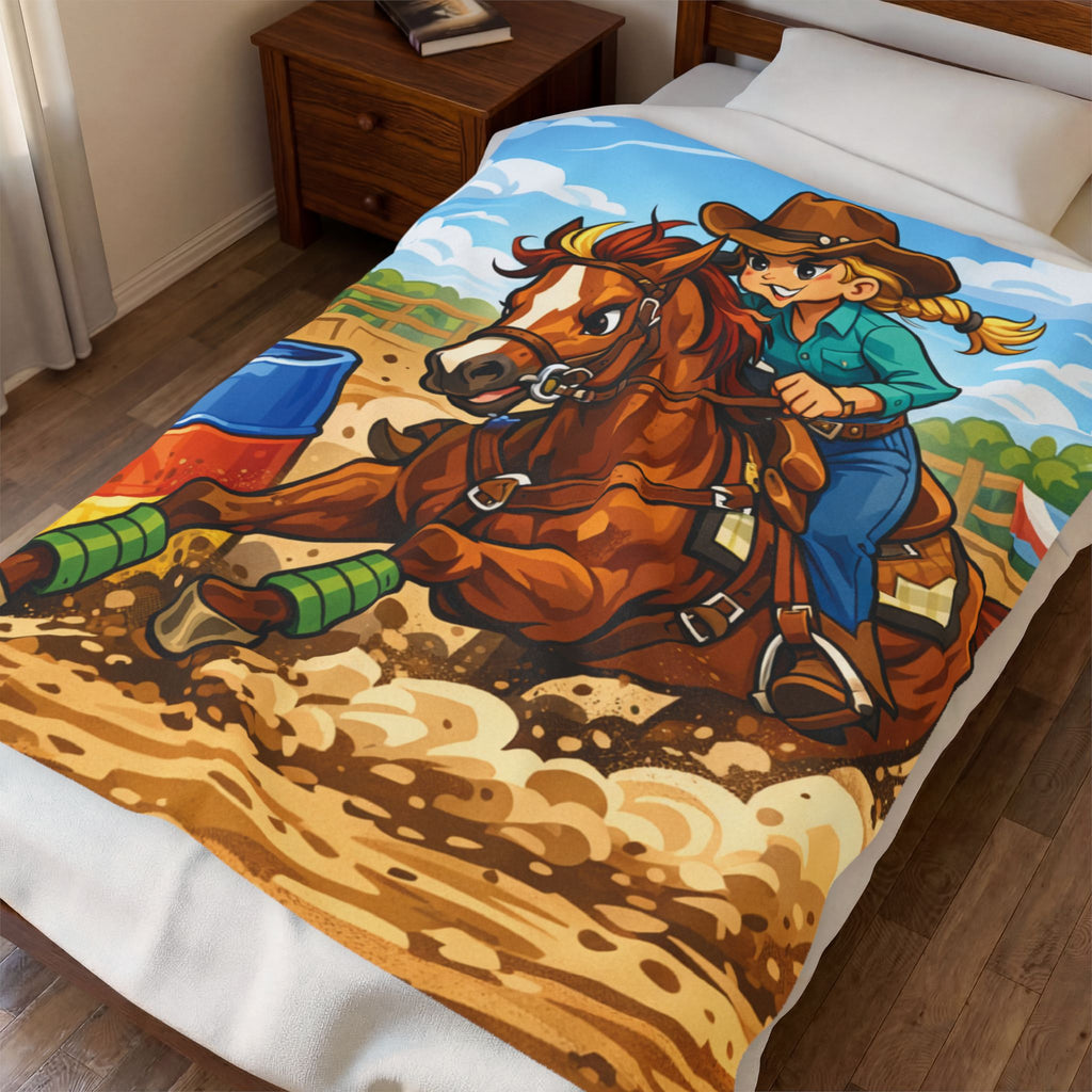 Cartoon Barrel Racing Horse Velveteen Plush Blanket — Rodeo Cow Girl Throw