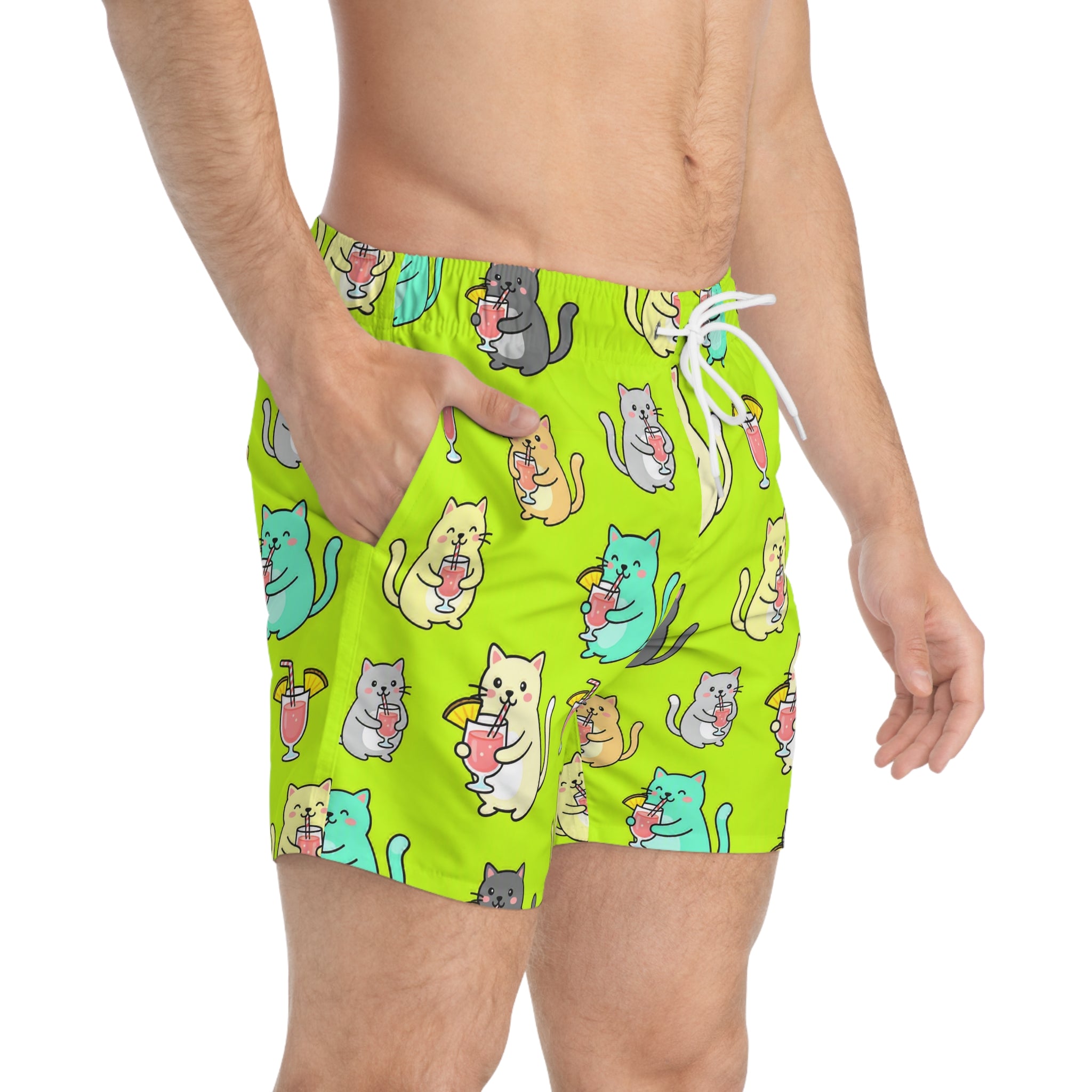 Cute Cat Swim Trunks — Neon Green  Cats with Tropical Drinks