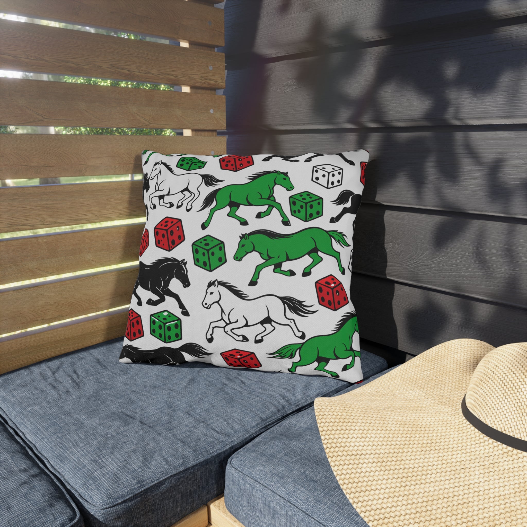 Horse and Dice Outdoor Pillow  Green Black and White Patterned Accent pillow for Patio
