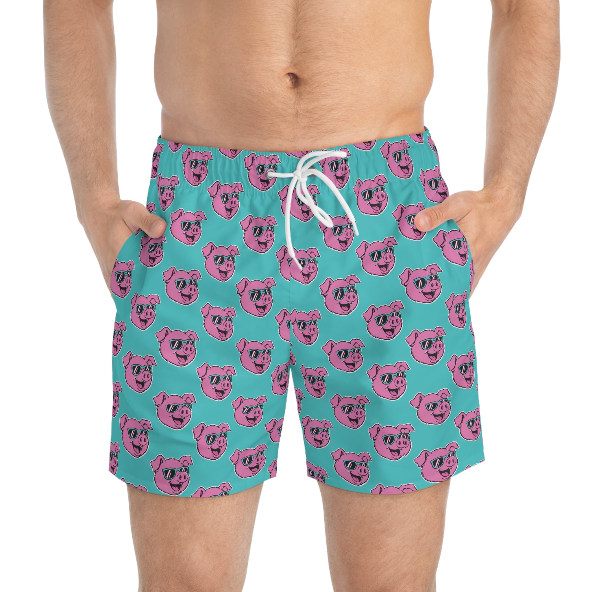 Swim Trunks — Retro Pink Pig Pattern All-Over Print