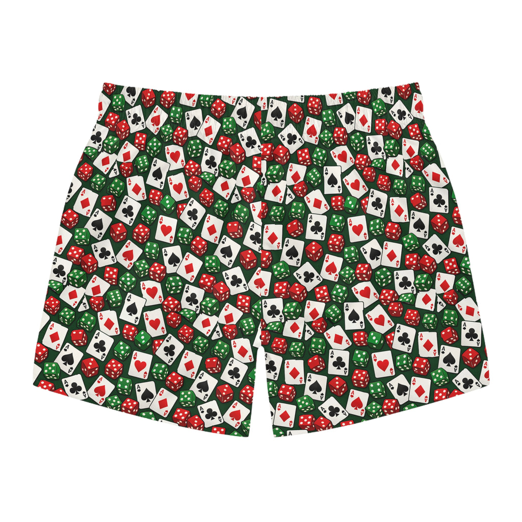 Casino Poker Dice Pattern Swim Trunks — Aces Cards and Dice All Over Print