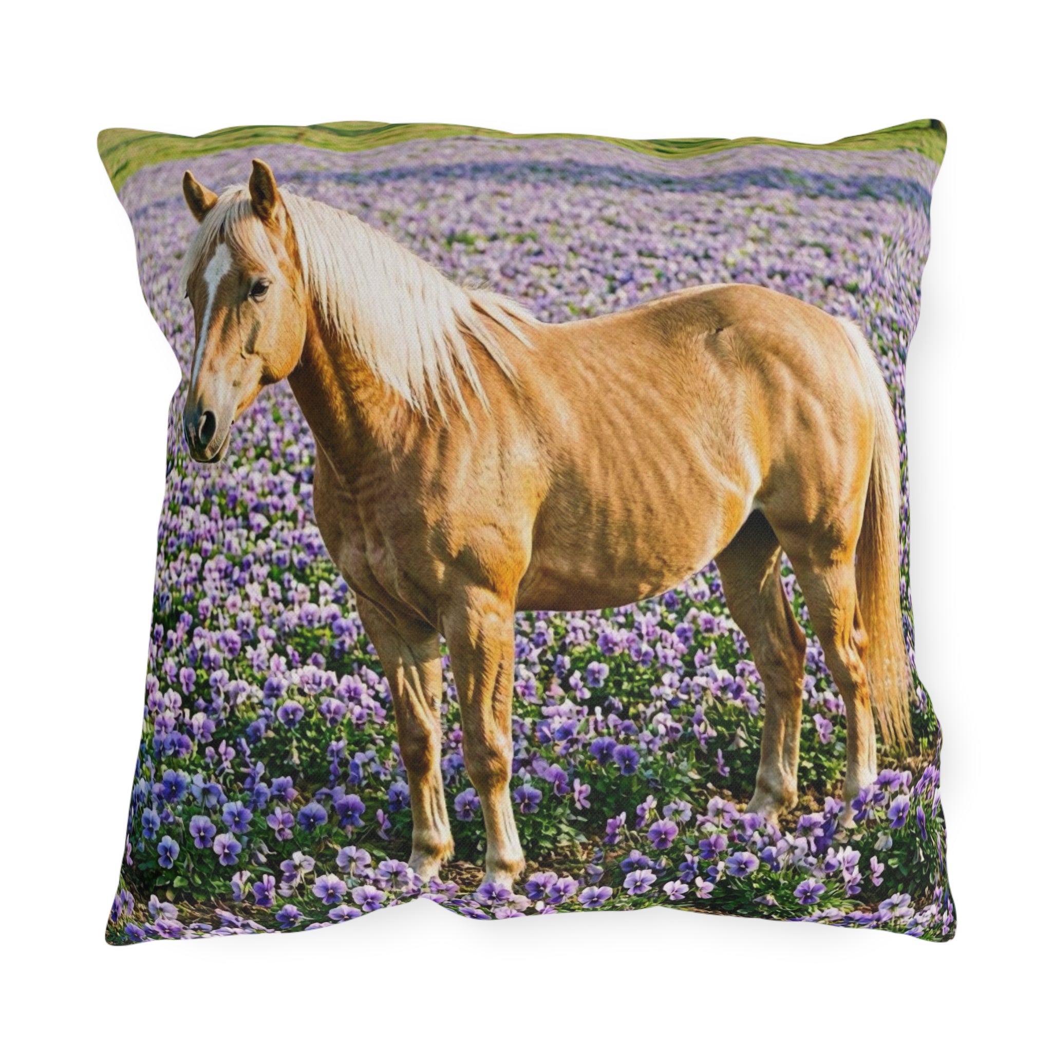 Horse in Lavender Field Outdoor Pillow  Floral Farmhouse Patio Decor