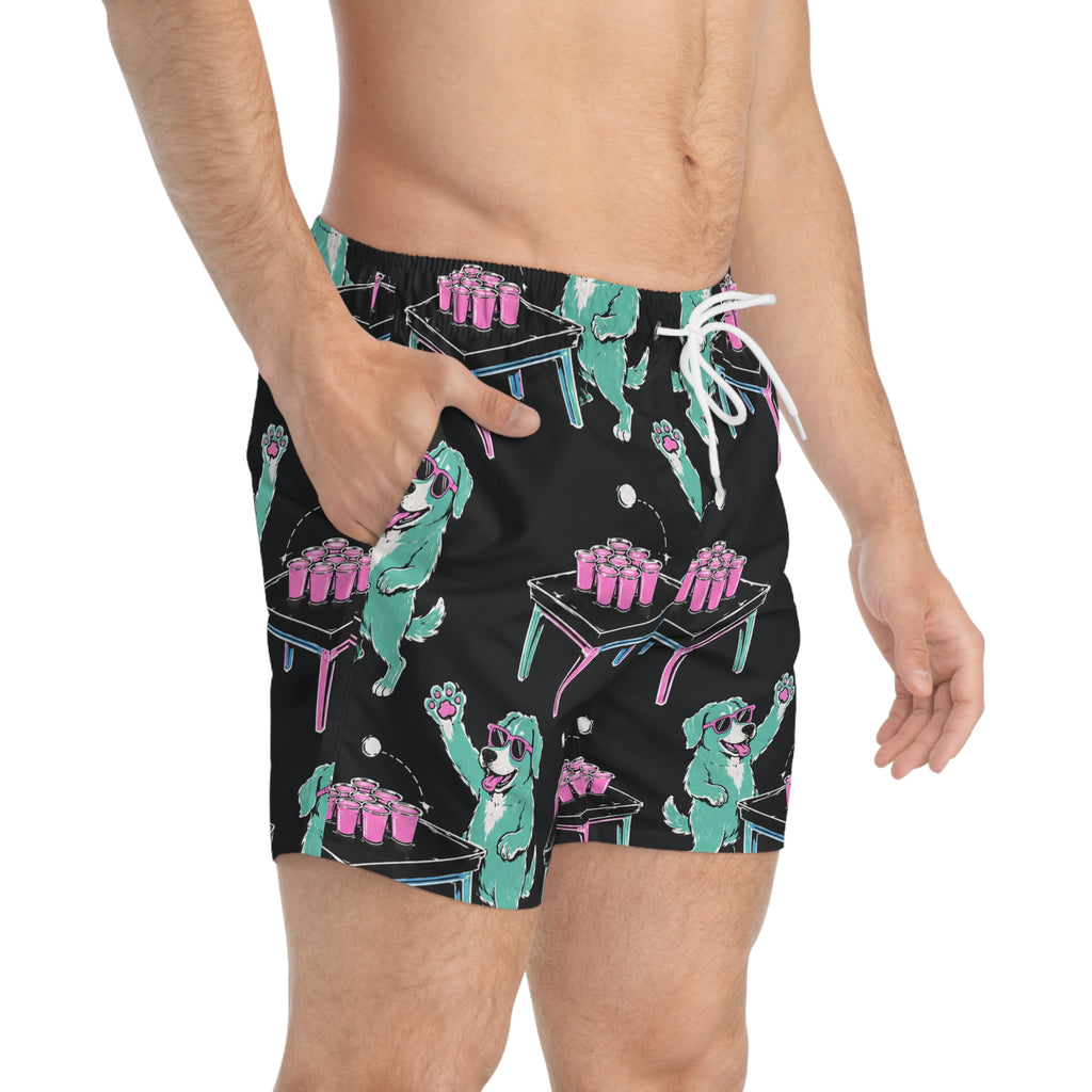 Beer Pong Dog Swim Trunks — Retro Neon Party All-Over Print