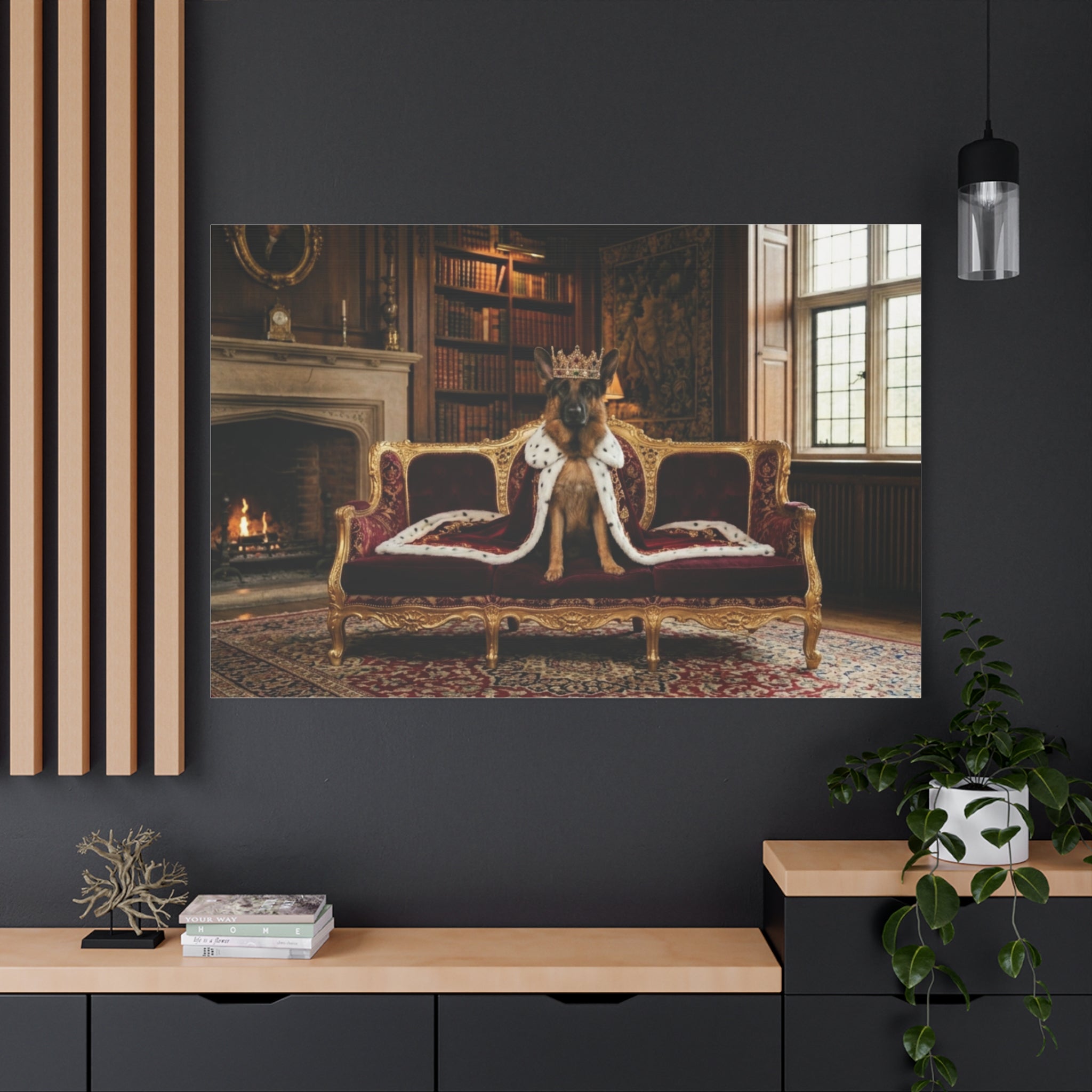 Regal German Shepherd Canvas Wall Art — King Dog on Fancy Sofa Matte Stretched Print