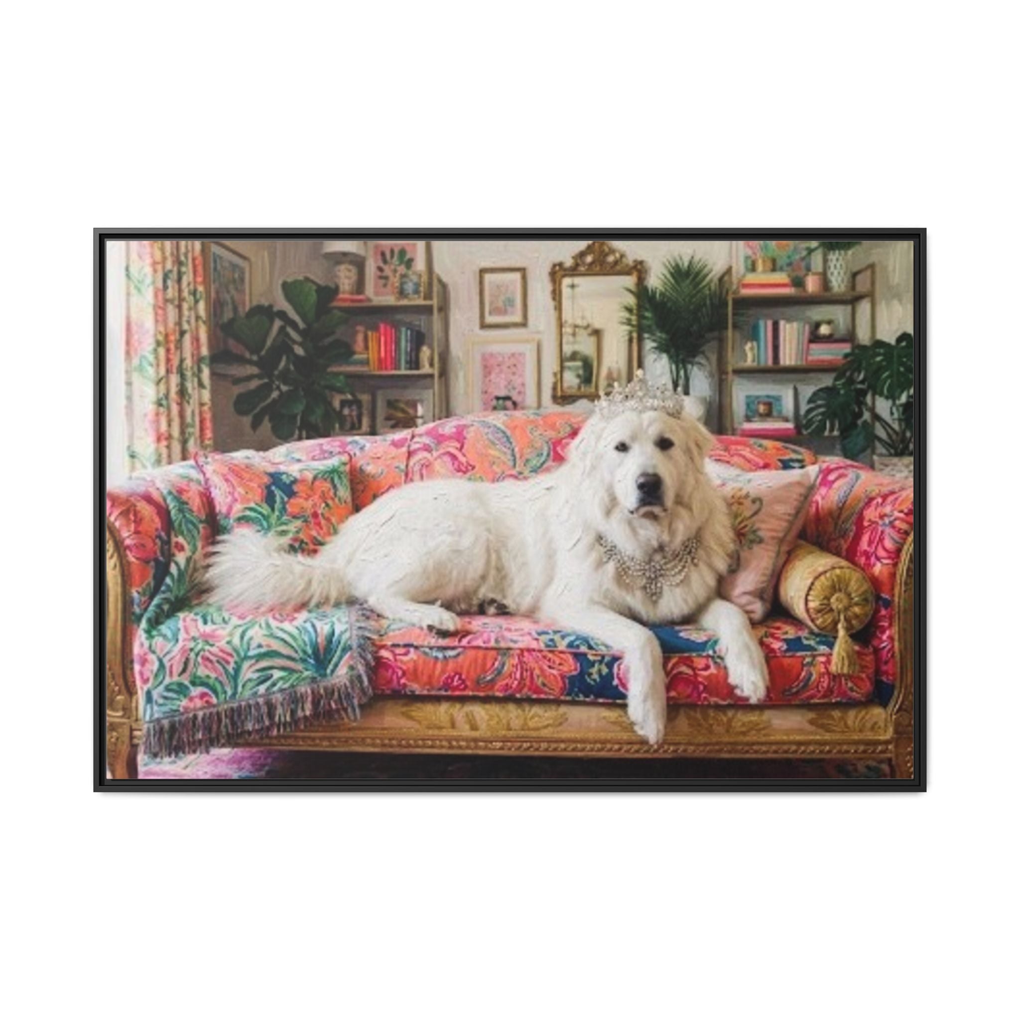 Framed Matte Canvas Regal Great Pyrenees presented in a whimsical lounge
