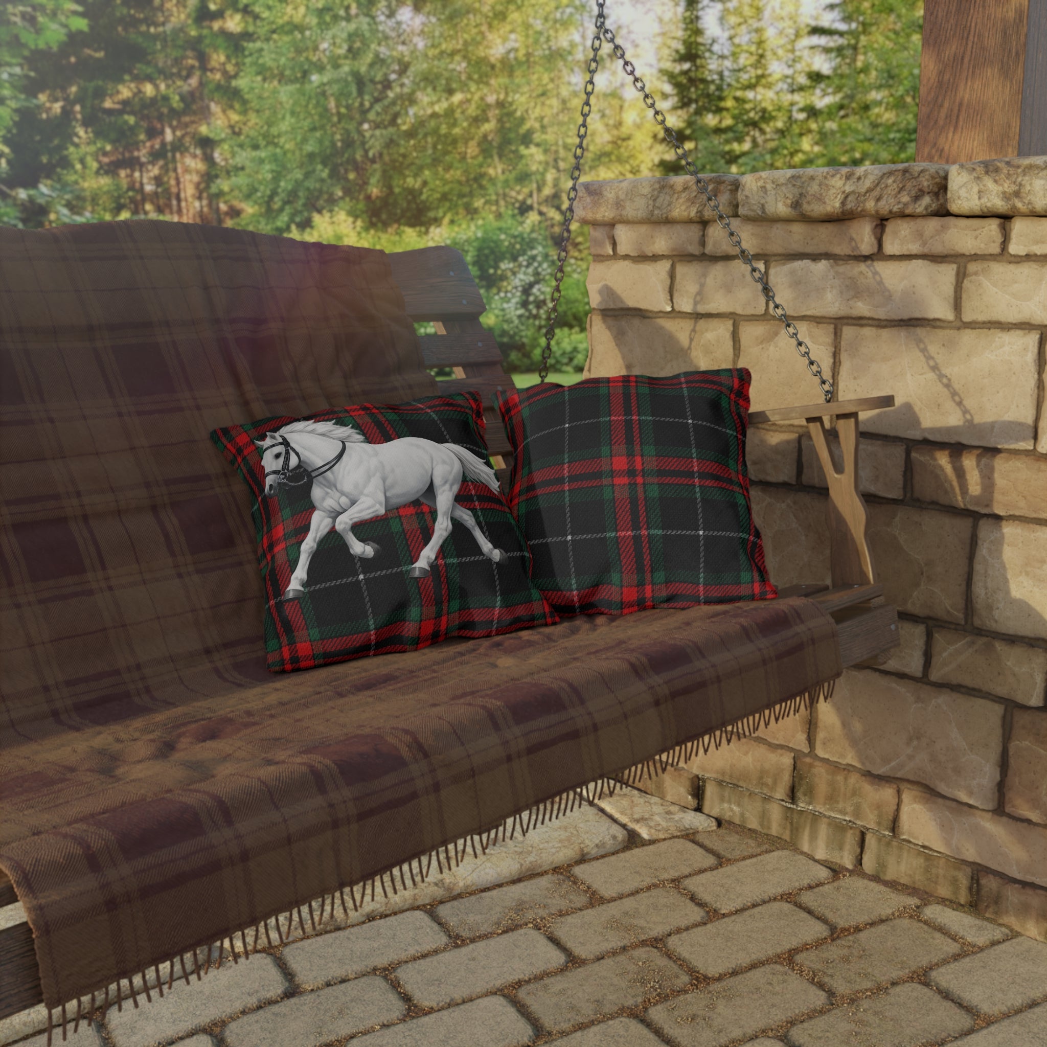 White Horse Plaid Outdoor Pillow  Red and Green Tartan Farmhouse Decor