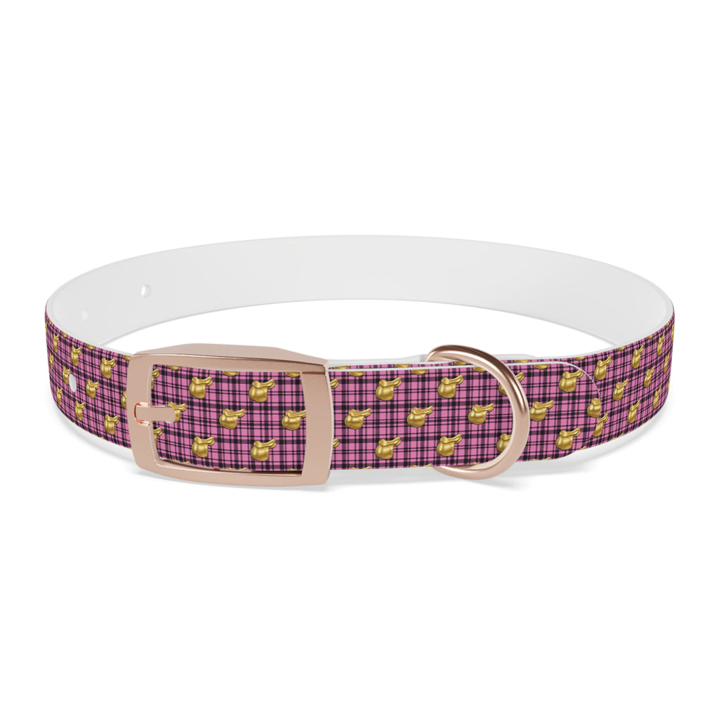Pink Plaid Dog Collar with Tiny Gold Saddle Pattern
