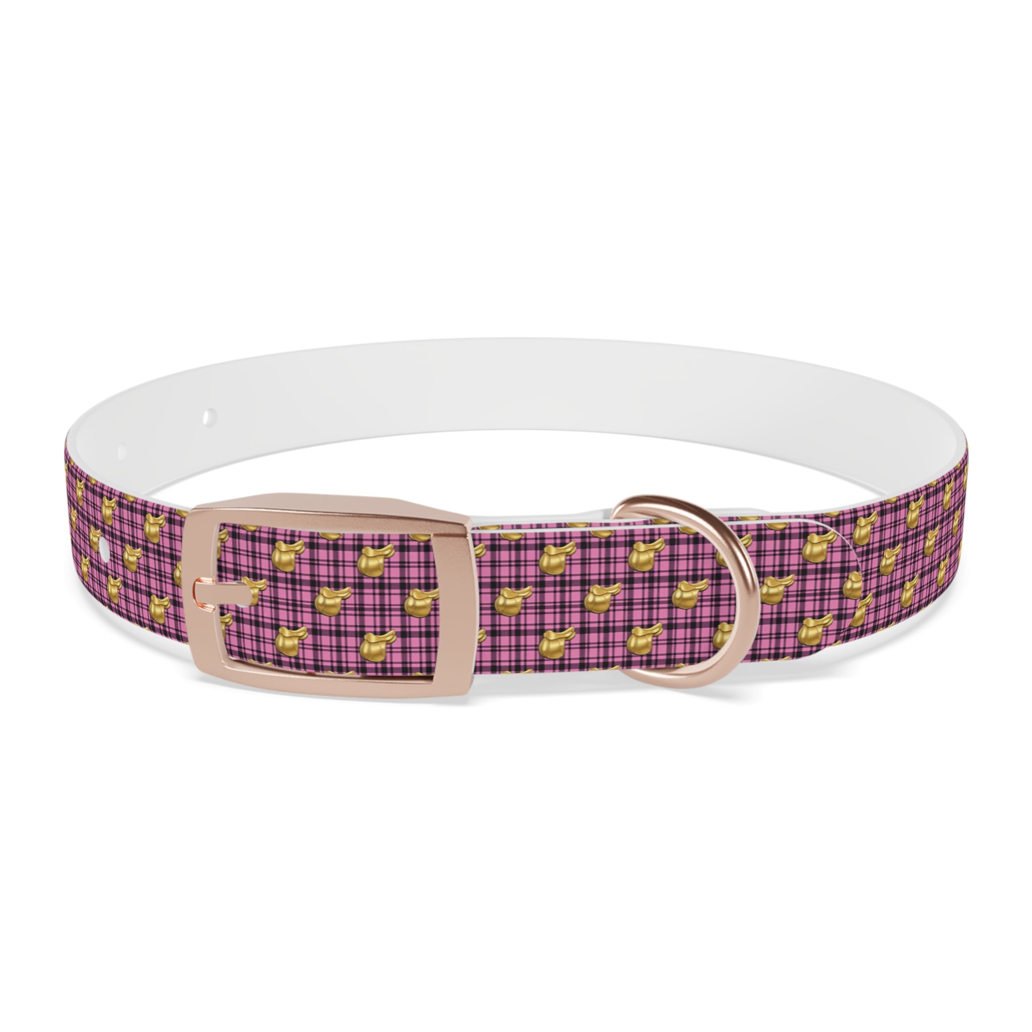 Pink Plaid Dog Collar with Tiny Gold Saddle Pattern