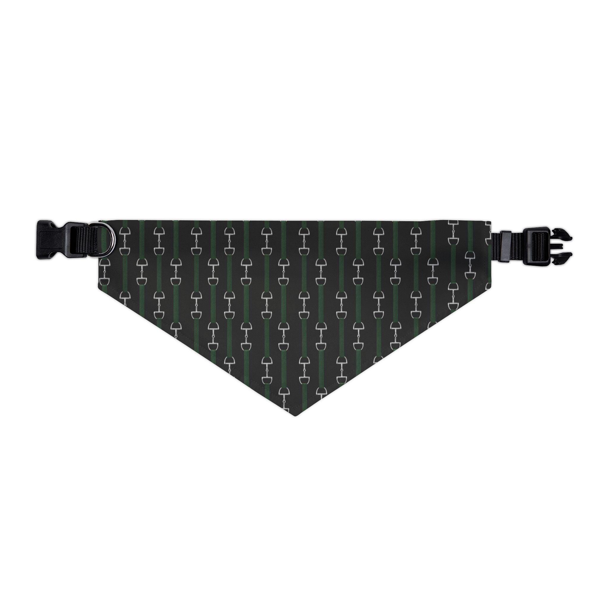 Pet Bandana Collar — Hunter Green Webbed Look Straps With Silver Horsebit Motif Pattern Dog Bandana Collar